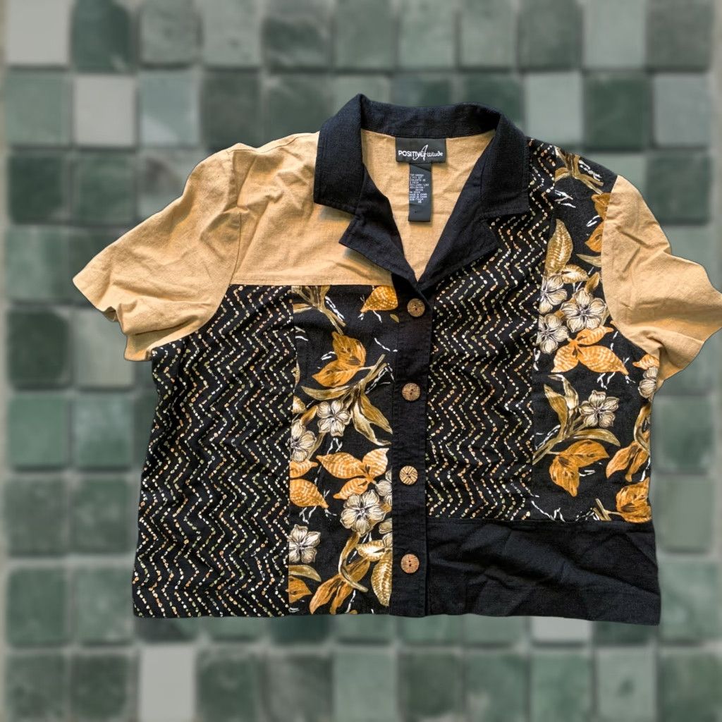 Vintage Positive Attitude Shirt Womens Shirt Size 16 Black Floral Linen Collared Midi Short Sleeve Buttoned Cap Sleeve Vintage No Size XXL / US 16-18 / IT 52-54 - 1 Thumbnail
