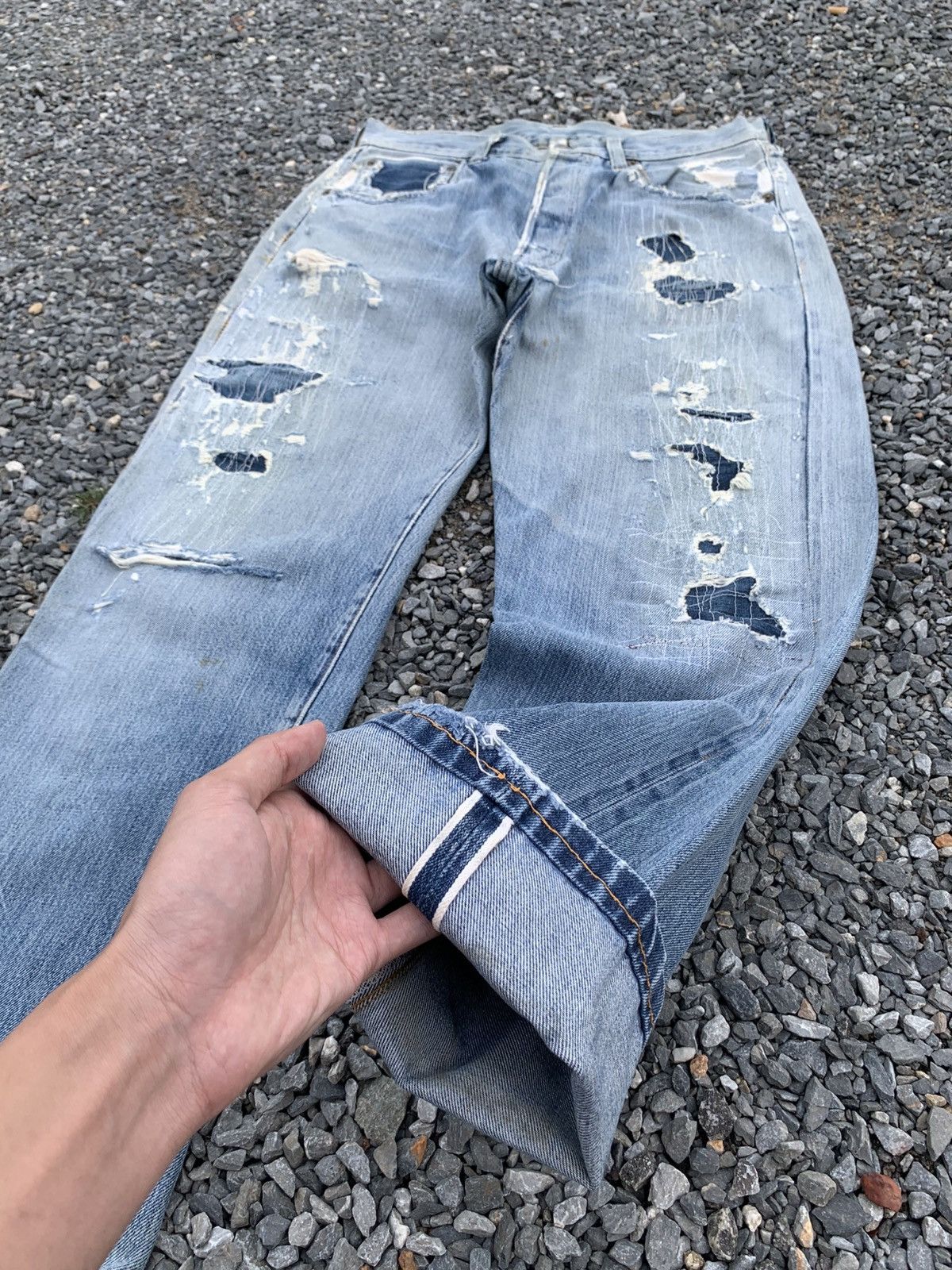 Kapital VINTAGE LEVIS 501XX BIG E SELVEDGE DAMAGE DISTRESSED DENIM Size US 30 / EU 46 - 3 Thumbnail