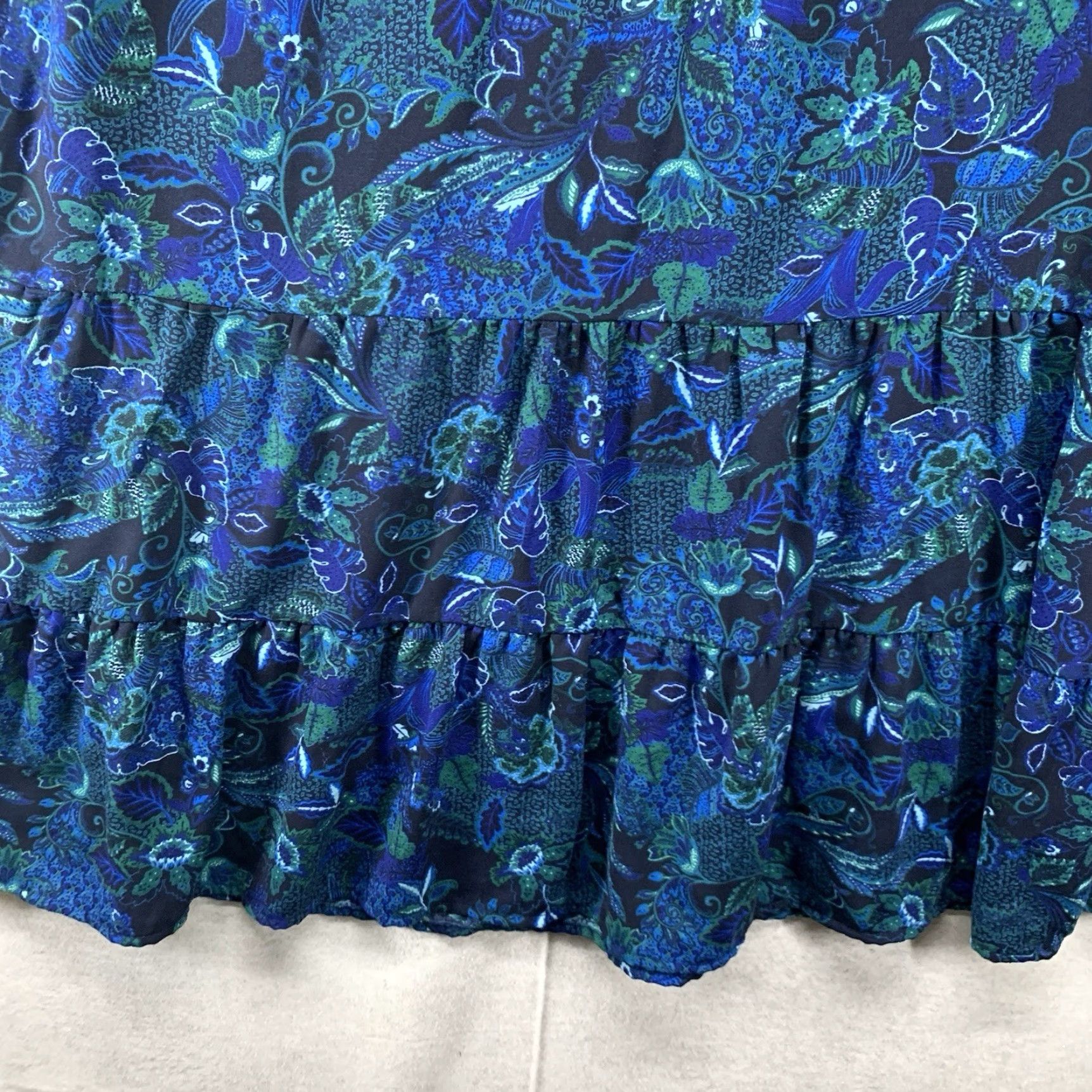 Vintage Women’s Deep Blue Green Botanical Large Dress Balloon Sleeve Metal Buttons Flowy Size L / US 10 / IT 46 - 7 Thumbnail