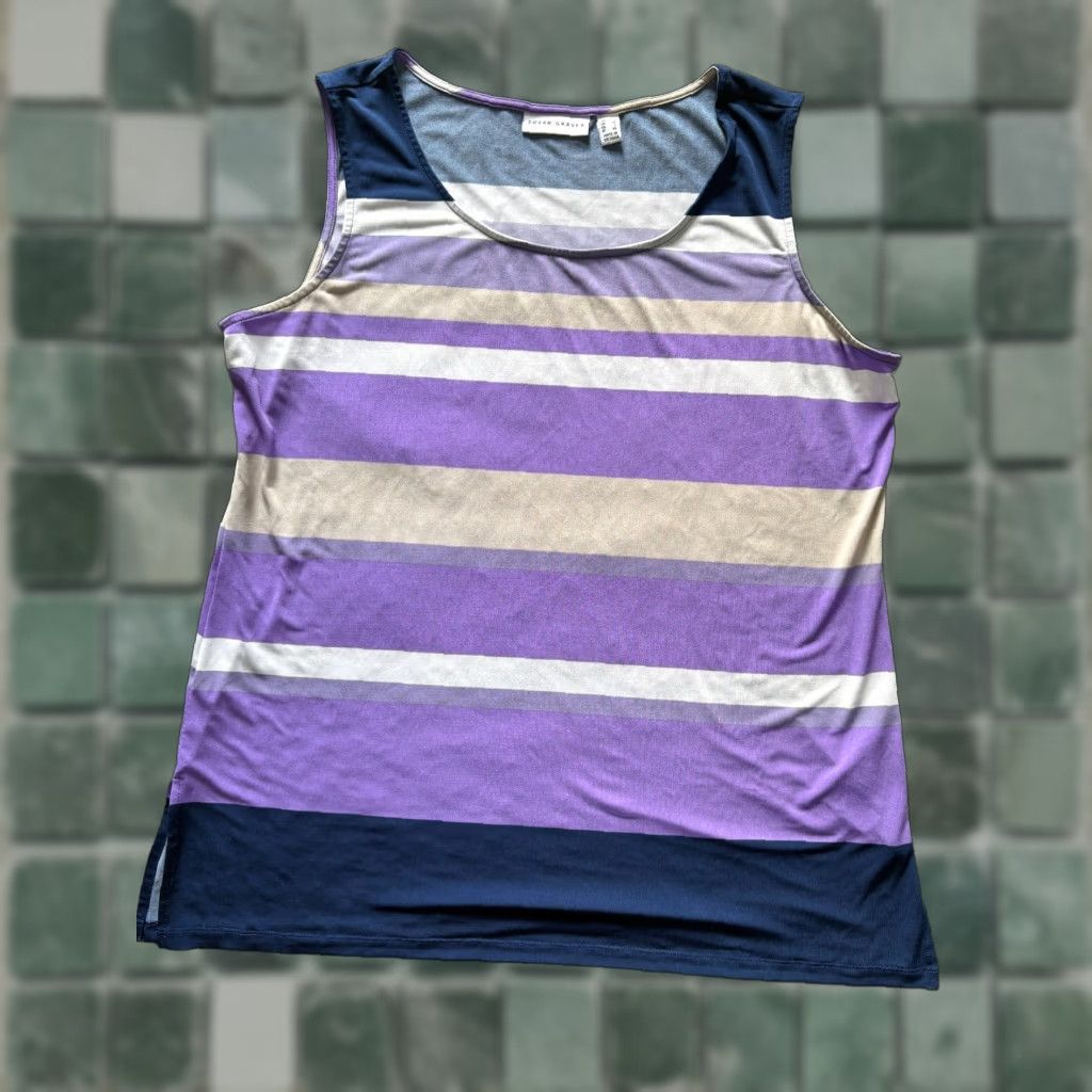 Vintage Susan Graver Top Womens Large Purple Striped Sleeveless Blouse Size L / US 10 / IT 46 - 1 Thumbnail