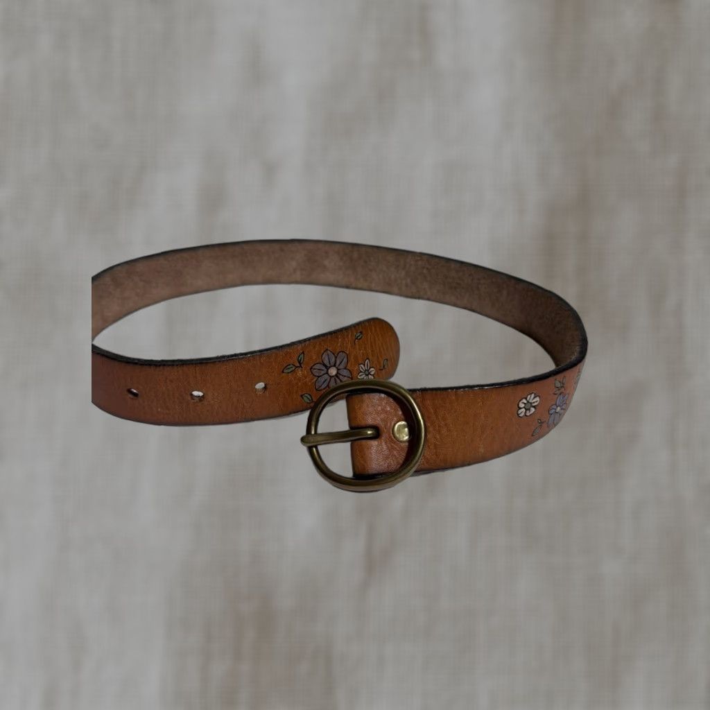 VINTAGE Lucky Brand Women’s Leather Belt Floral Hippie Western 23” Brown Belt Women Small