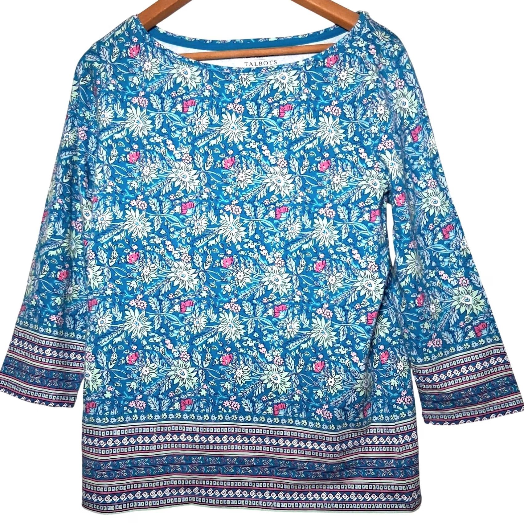 Talbots Talbots Tee Shirt M Blue Pink Mint Floral Striped Boat Neck 3/4 Slv Casual Cotton Spandex Women Long Sleeve Knit Top Size M / US 6-8 / IT 42-44 - 2 Thumbnail