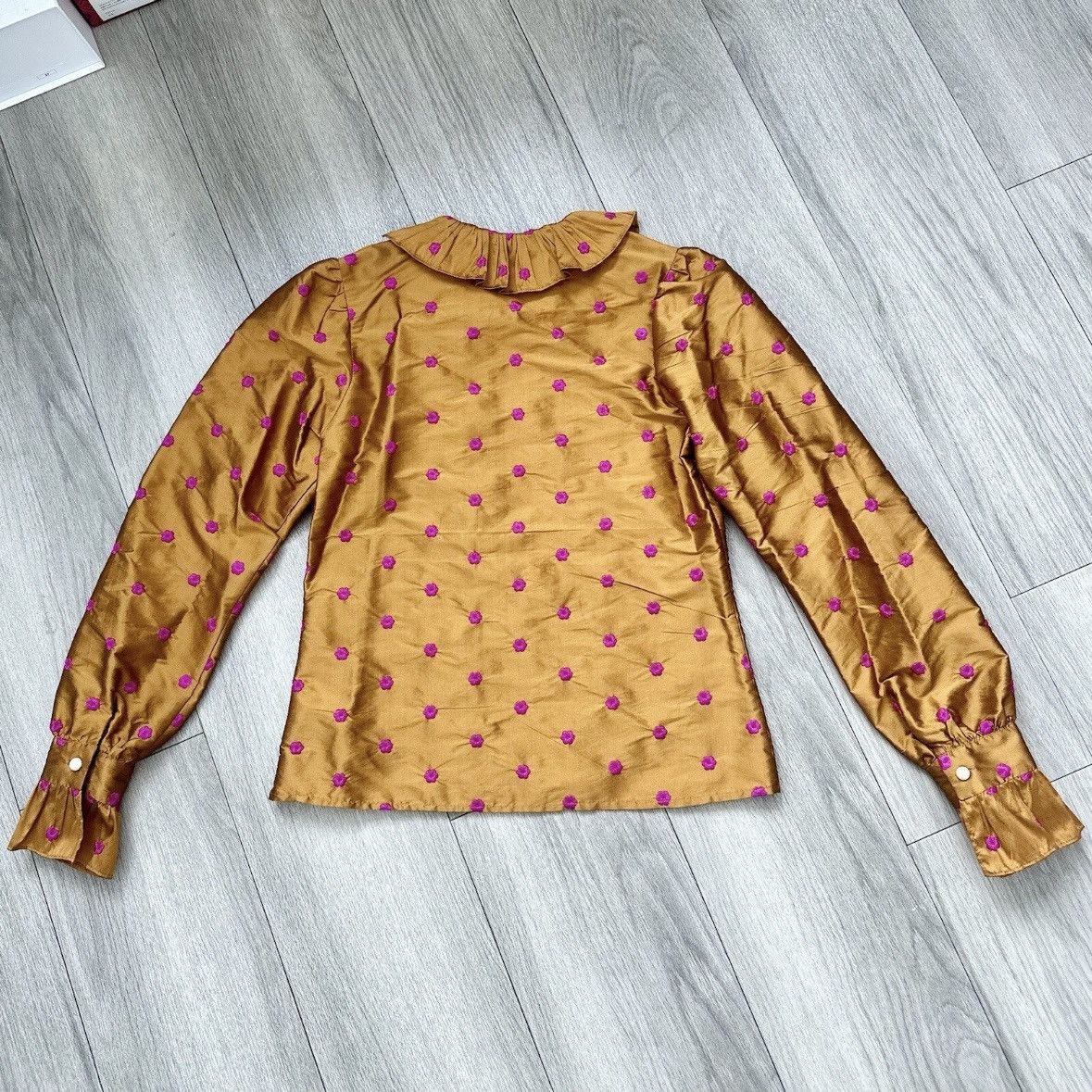 Batsheva Batsheva Petal Blouse Turmeric Embroidered Silk Taffeta NWOT Size XS / US 0-2 / IT 36-38 - 5 Thumbnail