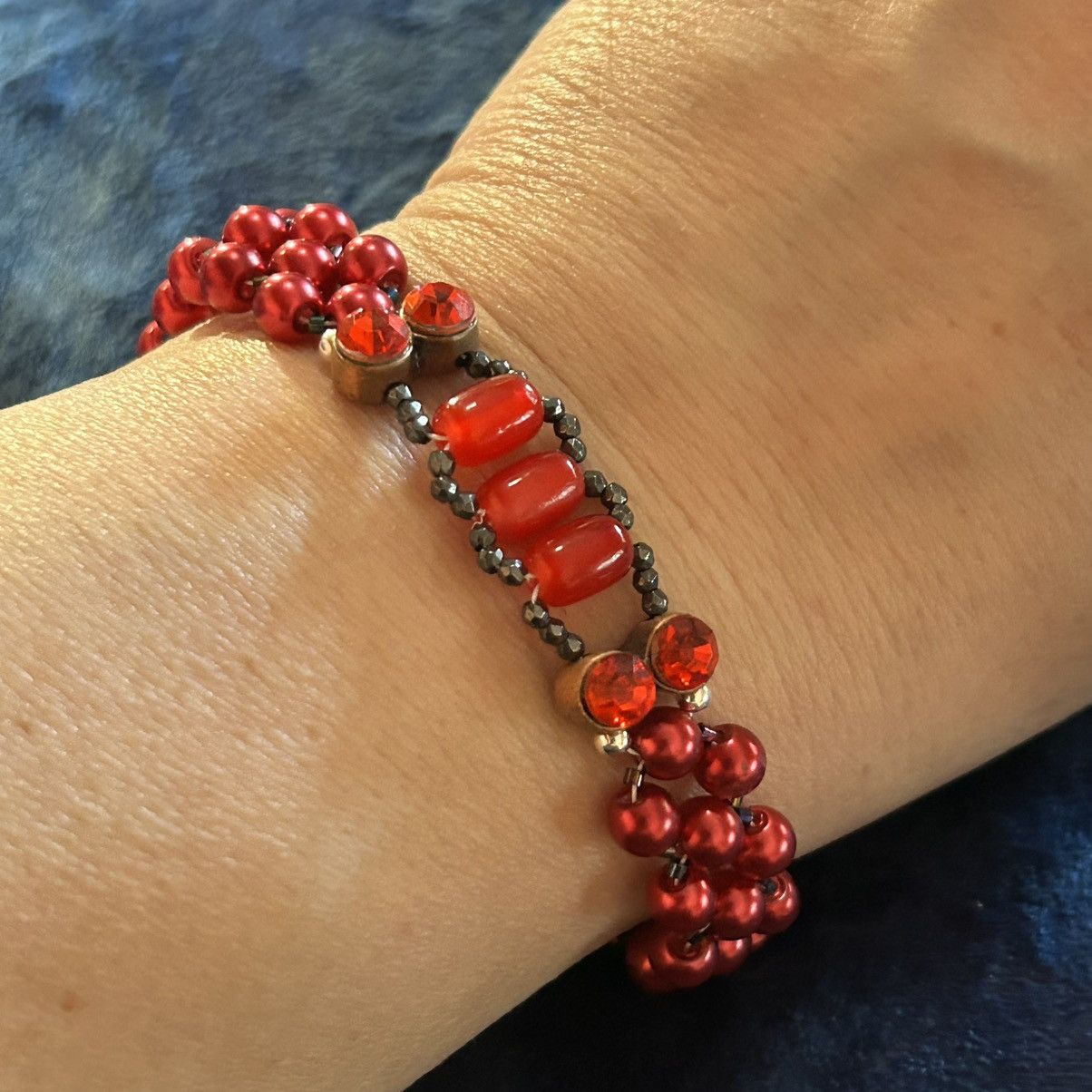 Handmade Handcrafted ruby red Czech glass pearl cat eye bracelet Size ONE SIZE - 1 Thumbnail