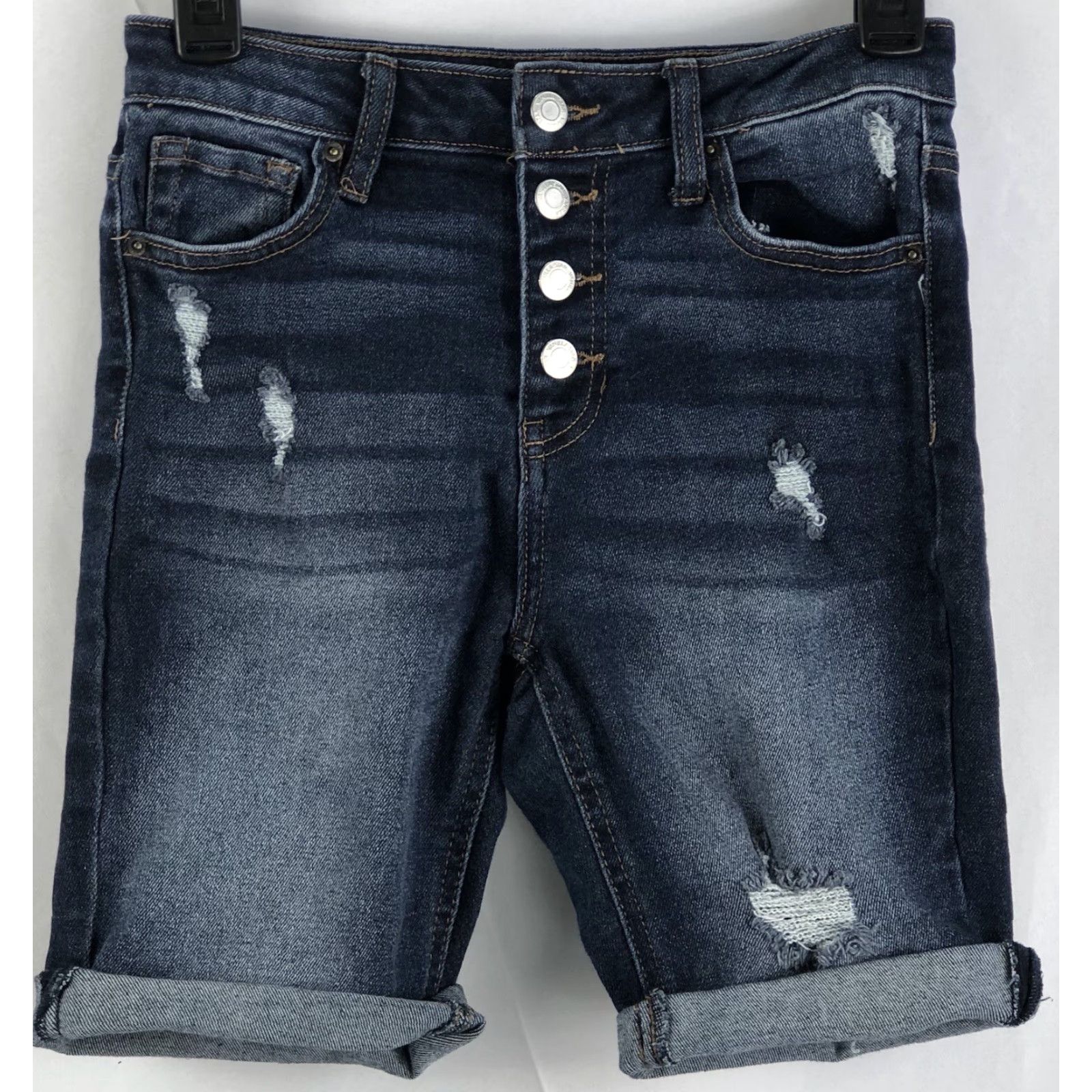 Denime VINTAGE Vanilla Sky Bermuda Shirt 5 24" waist 8" inseam Distressed Denim Button Fly Blue 90s Grunge Hip­­pie Punk Y2K Juniors Womens Size 27" / US 4 / IT 40 - 4 Thumbnail