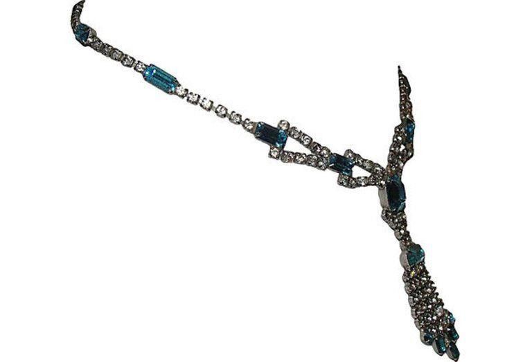 Designer Vintage Costume Blue & White Silver Tone Rhinestone Necklace Size ONE SIZE - 2 Thumbnail