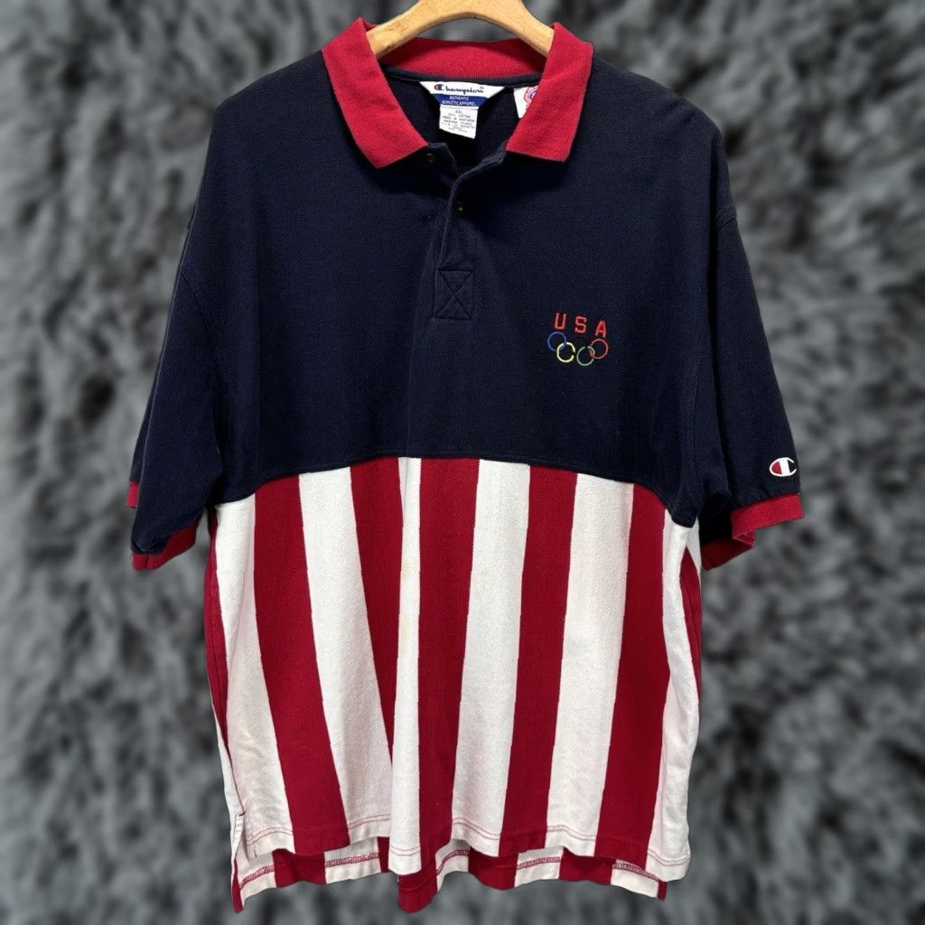 Champion VINTAGE Champion American Flag Olympic Polo Shirt 2XL Mens Short Sleeve Red White Blue USA Stars & Stripes Polo Size US XXL / EU 58 / 5 - 1 Thumbnail