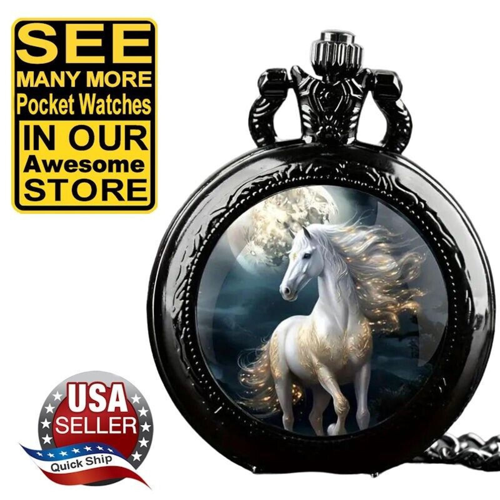 Other White Arab Horse Quartz Pocket Watch • Flowing Mane • Moon Size ONE SIZE - 1 Thumbnail