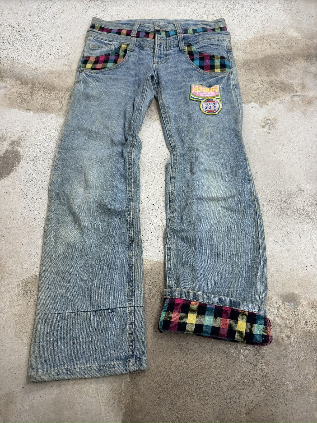 Hysteric Glamour Japanese Y2K Double Waist Plaid Patches Sun Faded Denim Size US 31 - 1 Thumbnail