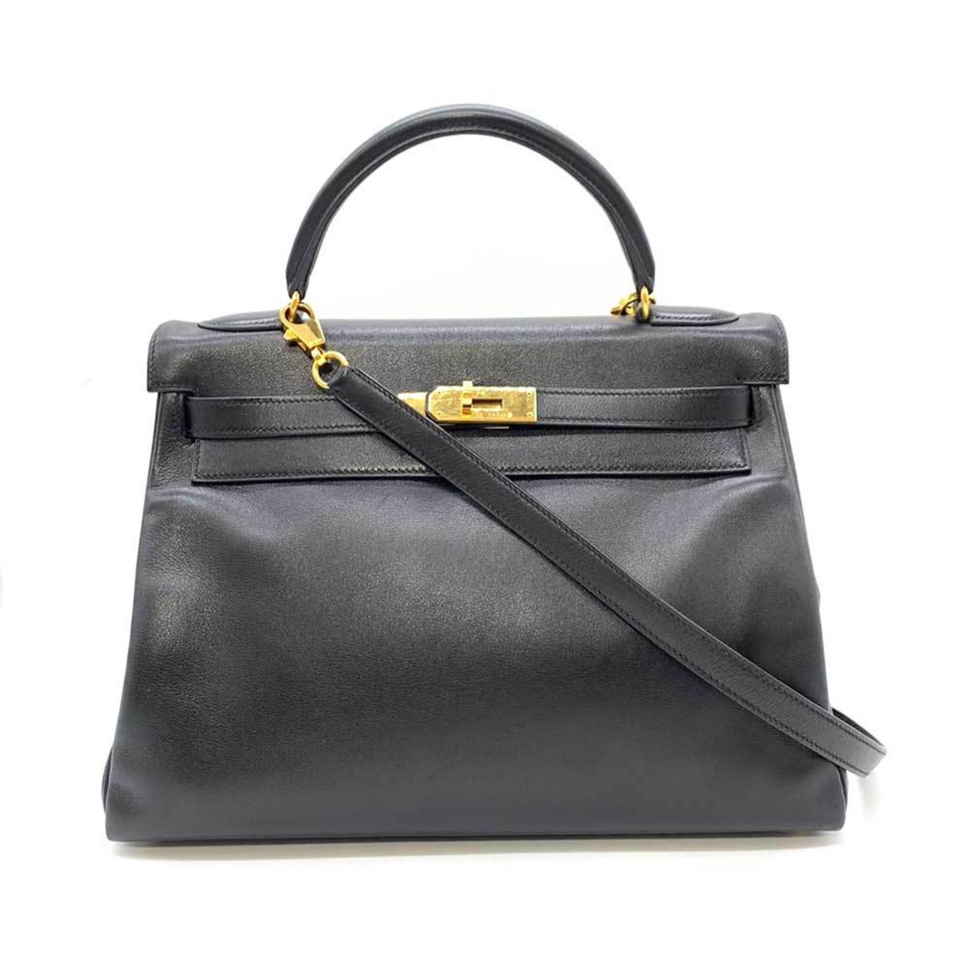 image of Hermes Bag Kelly 32 Inner Sewing Black Handbag Shoulder Ladies Voga River Leather □C Stamp Hermes, 