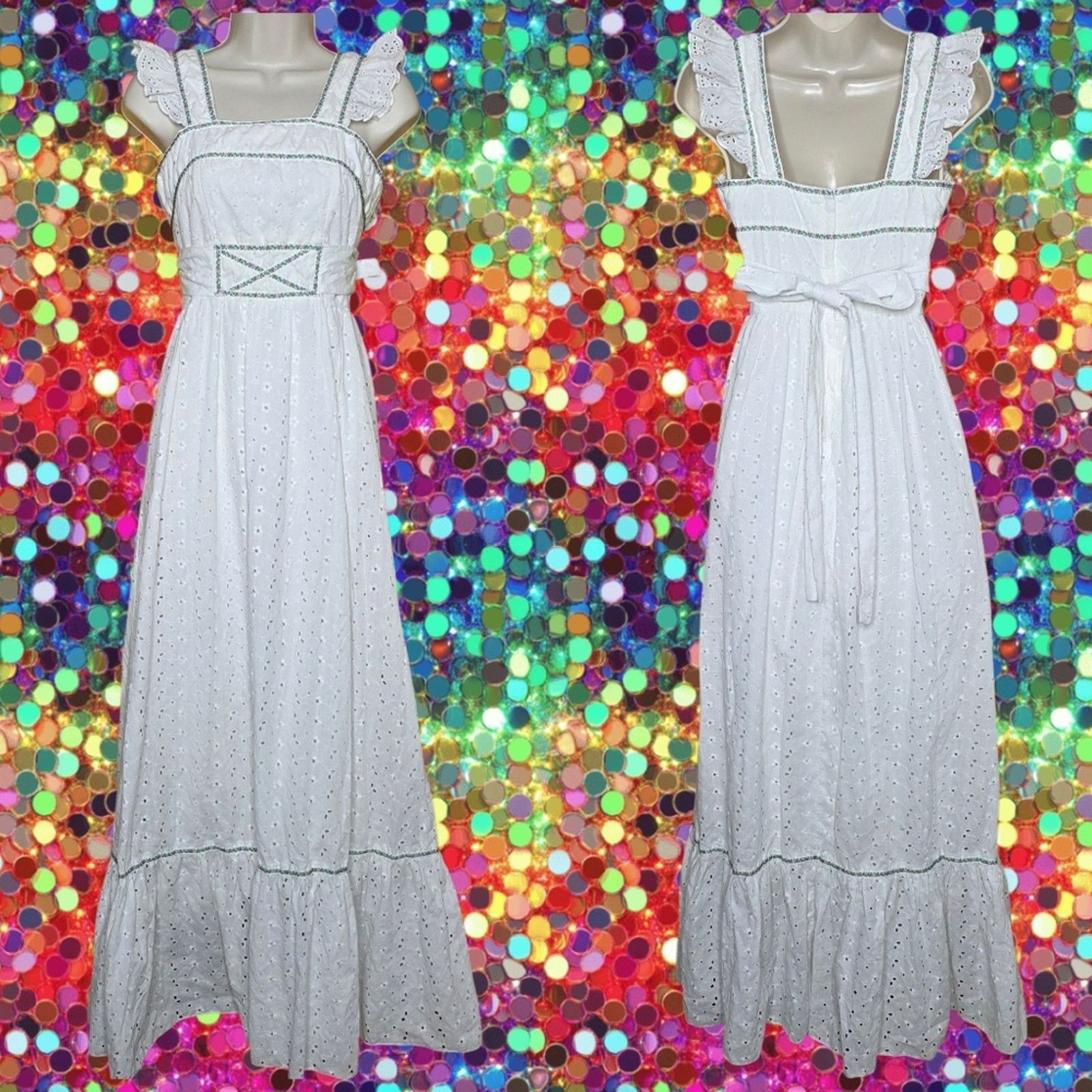 Vintage VTG Candi Jones California White Eyelet Prairie Maxi Dress Size XS / US 0-2 / IT 36-38 - 8 Thumbnail