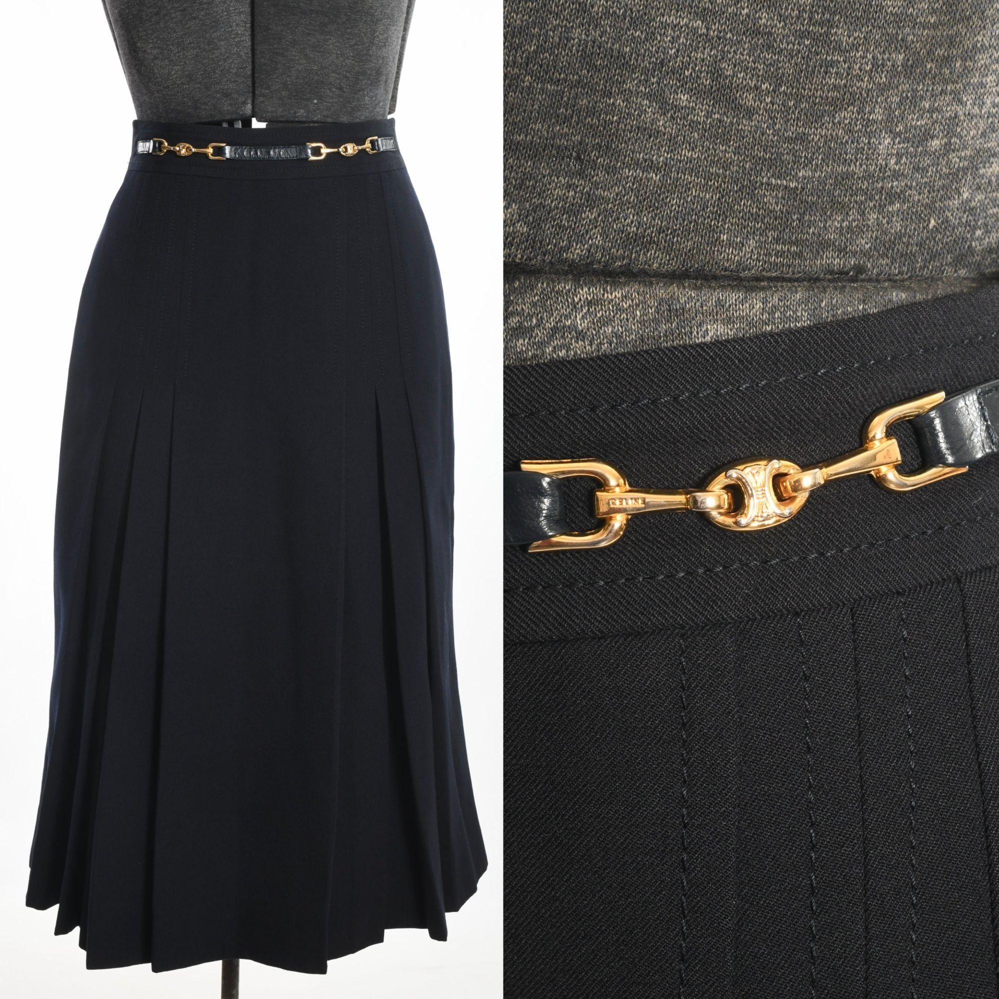image of Celine Vintage 1970S Small Navy Blue Classic Wool Pleated Skirt, Women's (Size 26)