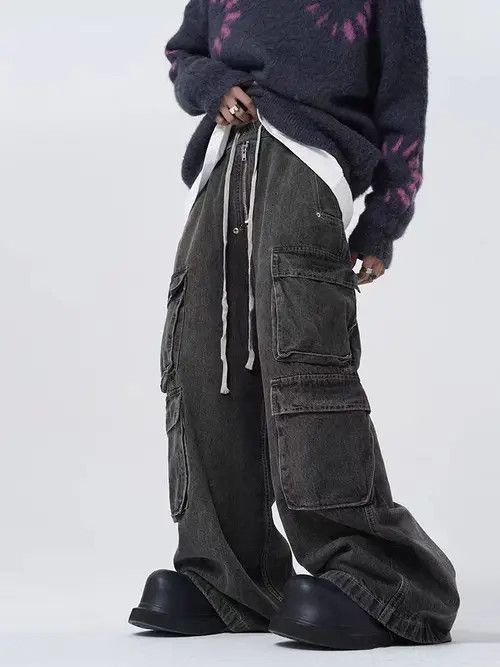 Japanese Brand Retro street multi-pocket drawstring straight-leg jeans Size US 34 / EU 50 - 1 Thumbnail