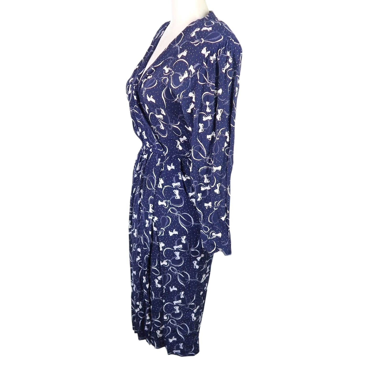 Vintage VINTAGE Carol Anderson Navy Blue White Bow Dot Print Midi Dress Wrap Dress 4 Women Long Sleeve Rayon Polka Dot 80s 90s Size S / US 4 / IT 40 - 3 Thumbnail