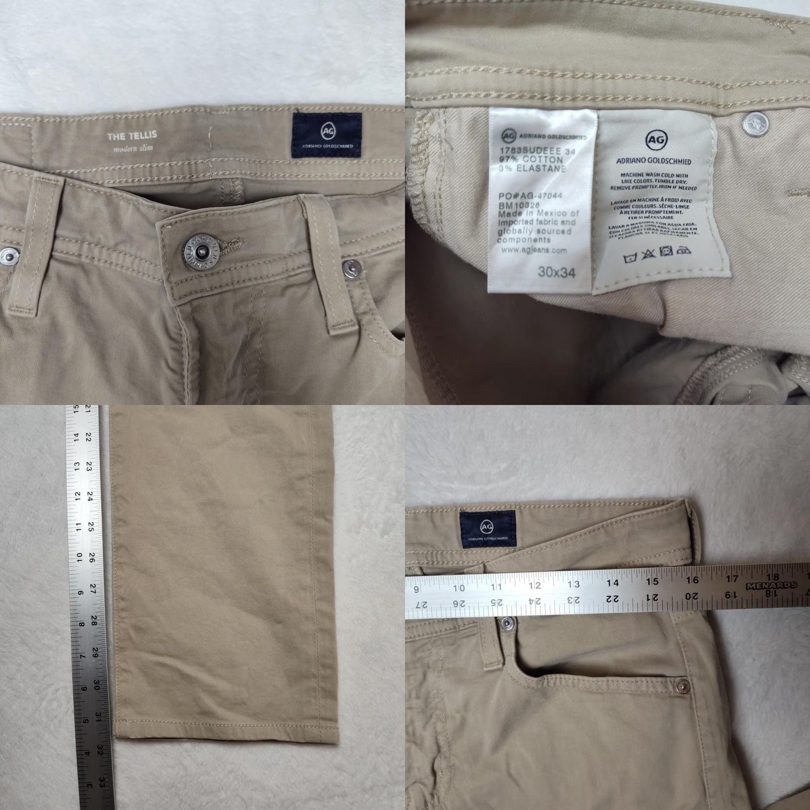 AG Adriano Goldschmied The Tellis Jeans Mens 30x32 Beige Slim Tapered Stretch