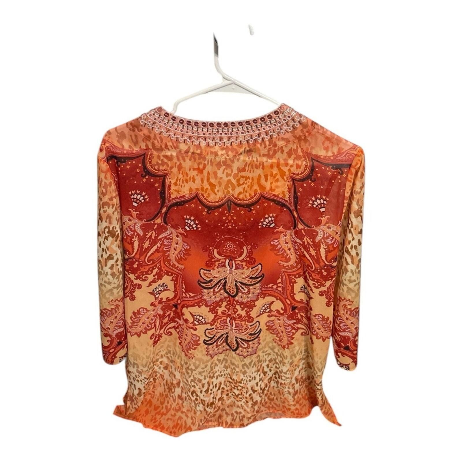 Chicos Chico's Orange Paisley Beaded V-Neck Tunic Size M / US 6-8 / IT 42-44 - 2 Thumbnail