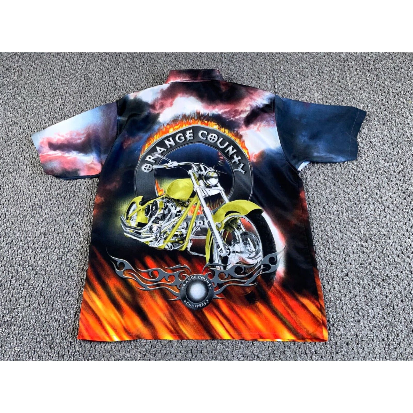 Vintage VTG Y2K Motorcycle AOP Shirt Adult XL Blue Orange Flames Biker Orange County Men Button-Up Shirt Vintage Geometric Pattern Size US XL / EU 56 / 4 - 2 Thumbnail