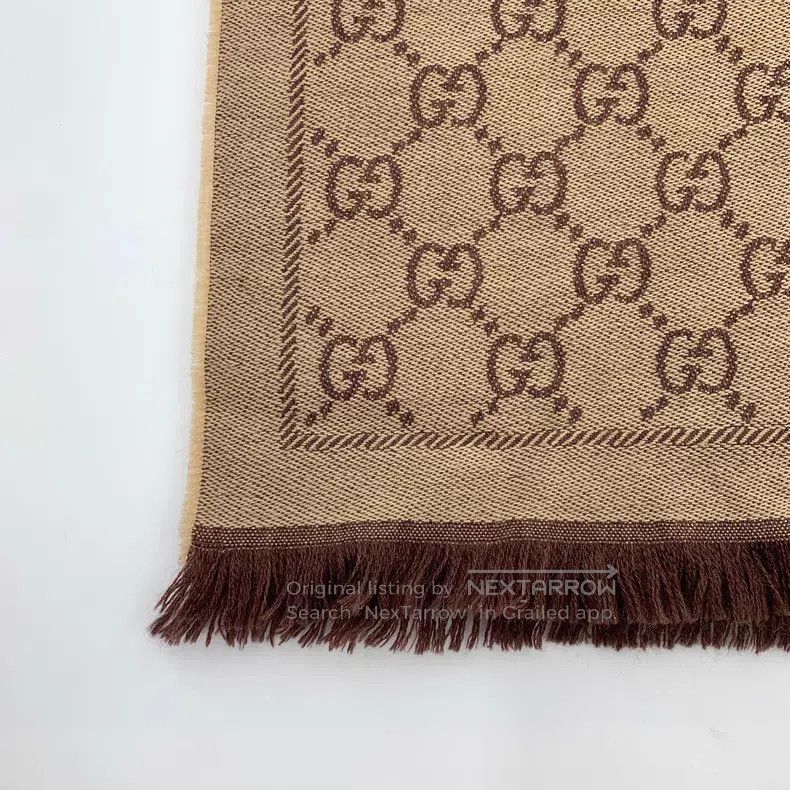 Gucci Gucci Brown logo jacquard full print wool tassel scarf Size ONE SIZE - 4 Thumbnail