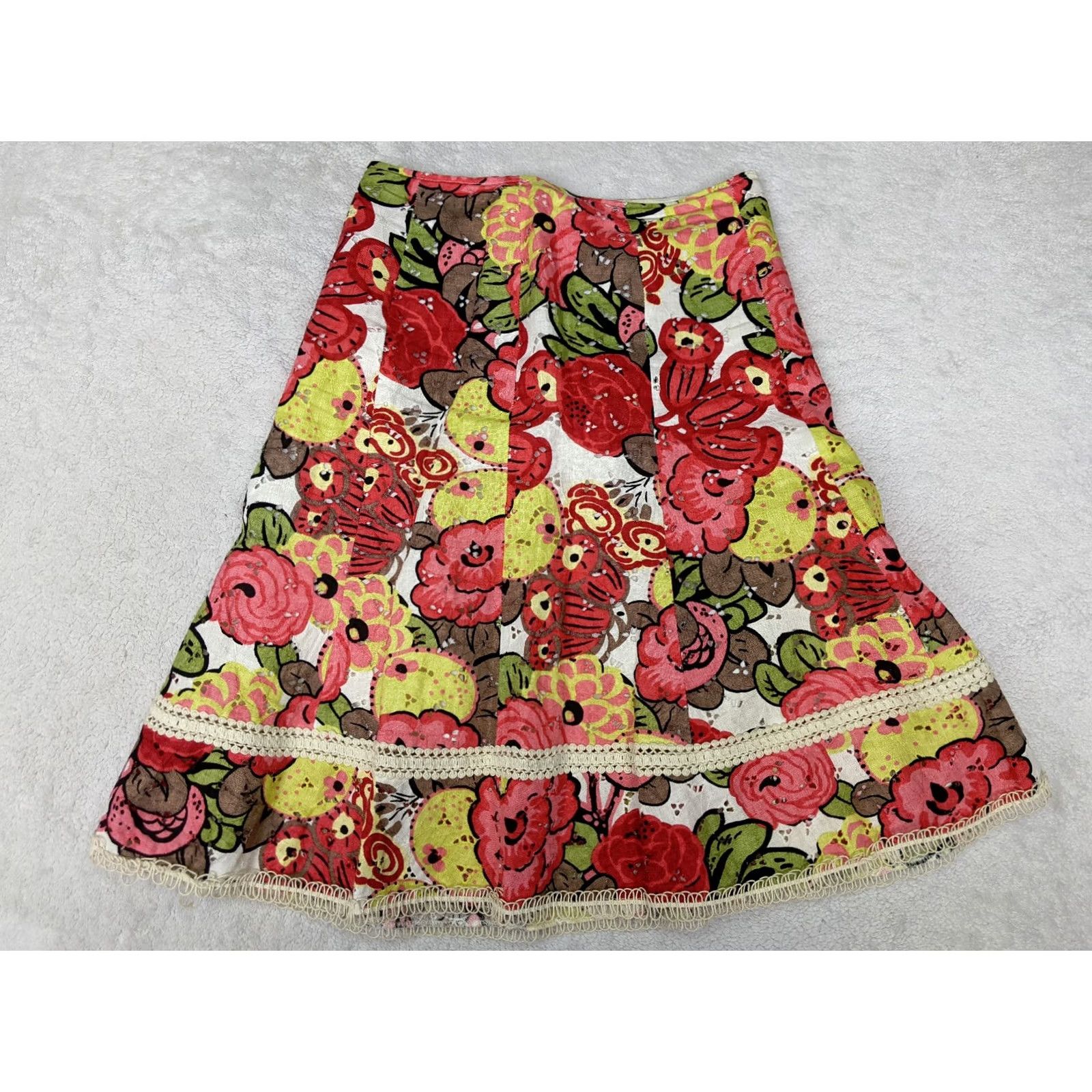 Vintage Cynthia Steffe Skirt Women 6 Red Floral Linen A-Line Knee Length Womens Size 28" / US 6 / IT 42 - 5 Thumbnail