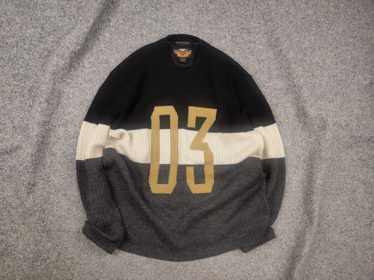 Harley-Davidson Vintage Knit Sweater Striped V-Neck Japan