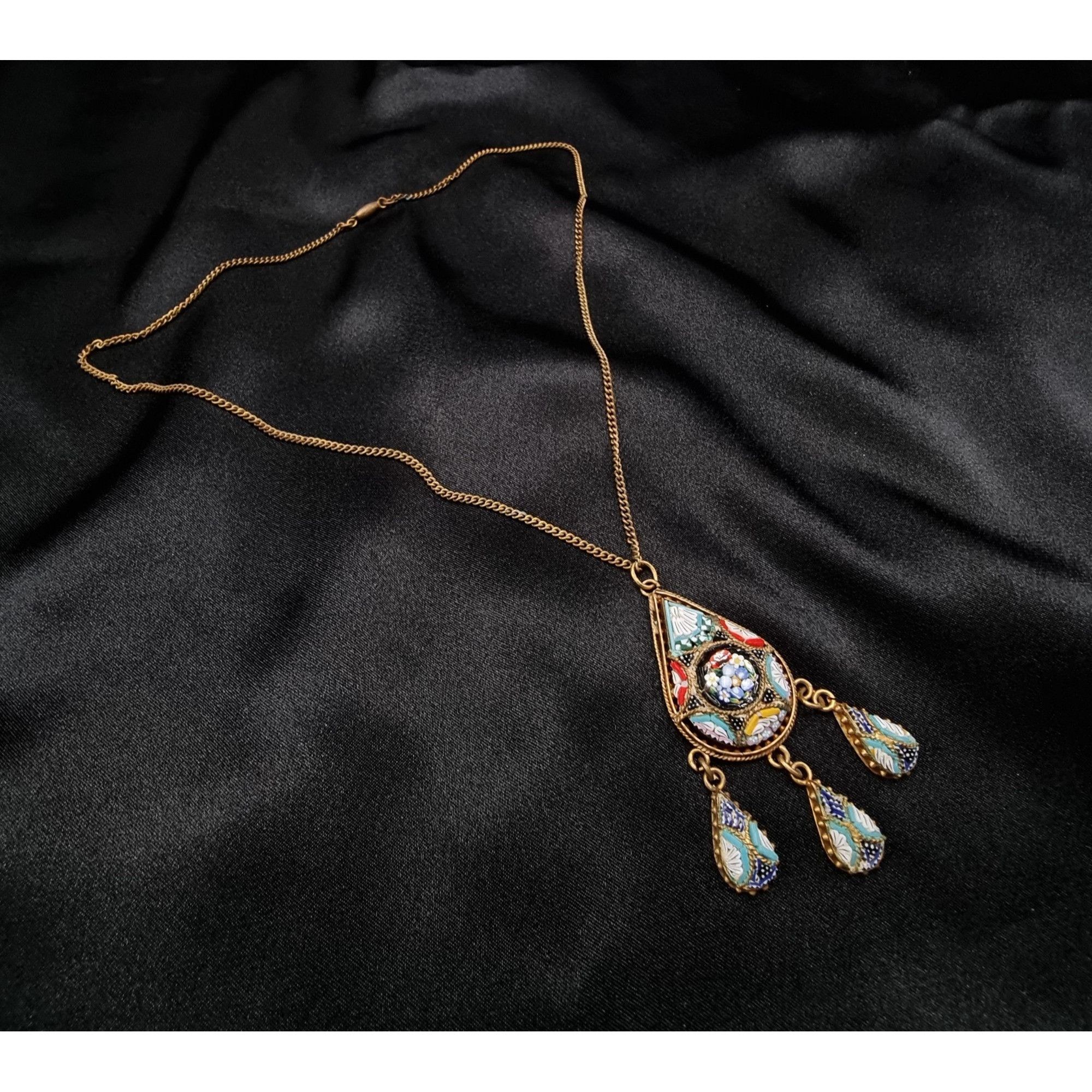 Vintage Vintage 1920s-1940s Gold-Tone Millefiori Mosaic Pendant Neck Size ONE SIZE - 4 Thumbnail
