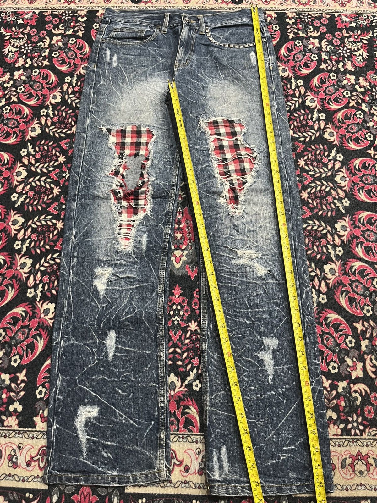 Hysteric Glamour Japanese Brand Tartan Patches Pocket Studded Crack Blue Jean Size US 31 - 9 Thumbnail