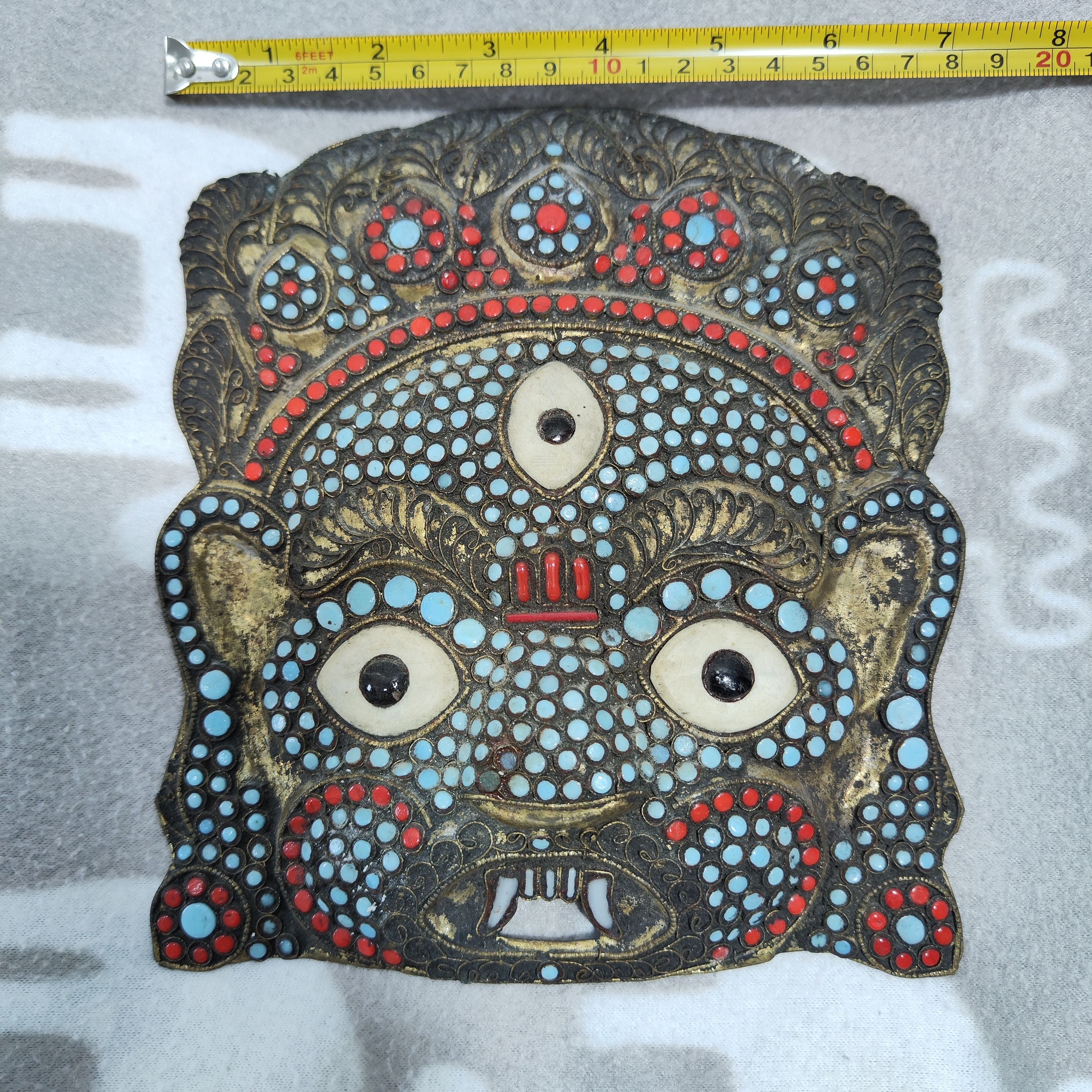 Vintage Tibetan Art Brass Mask Turquoise, Asian Home decoration Size ONE SIZE - 2 Thumbnail