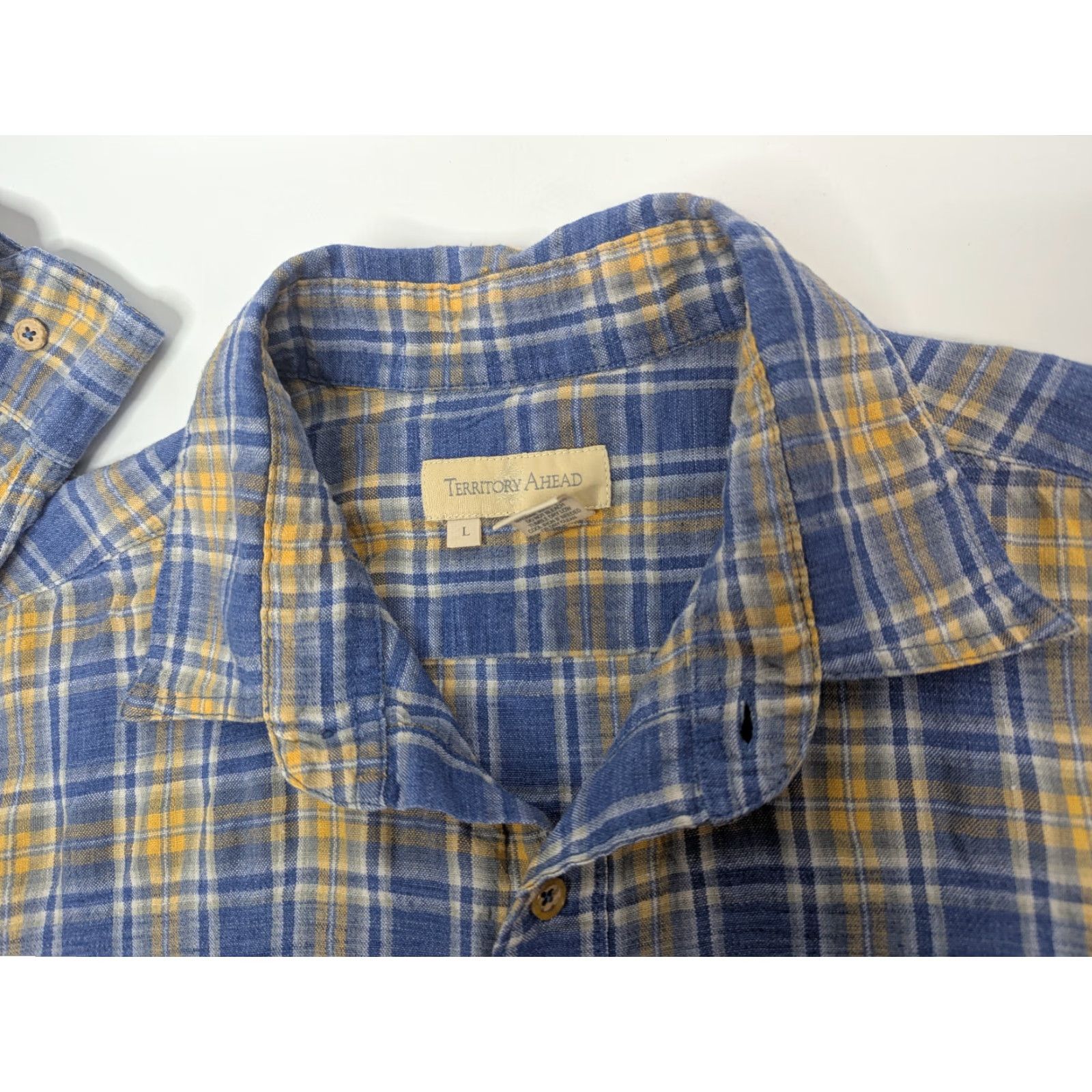The Territory Ahead The Territory Ahead Men Shirt Size Large L/S Plaid Linen Sorona Yellow Blue Size US L / EU 52-54 / 3 - 7 Thumbnail