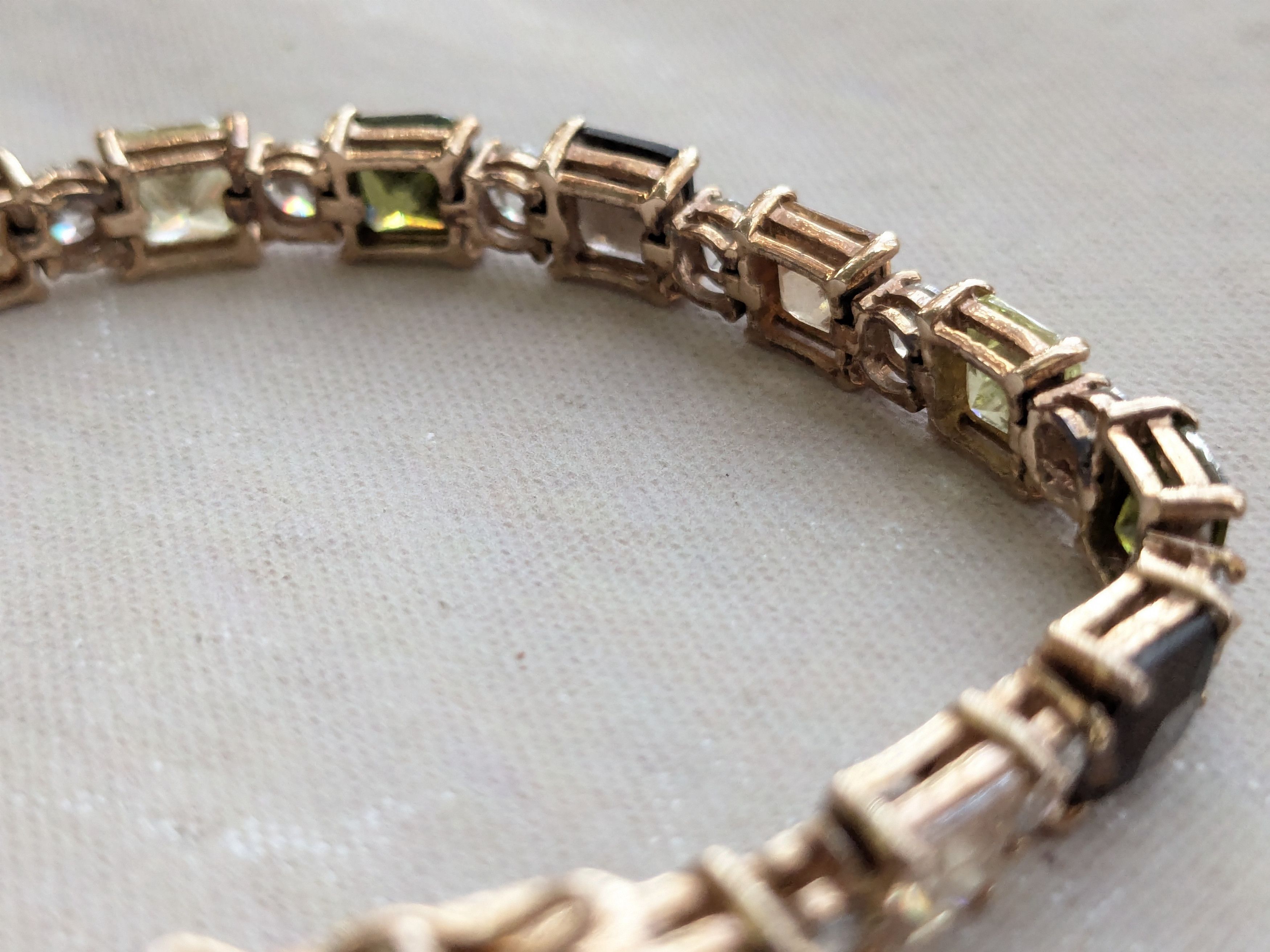 Jewelry Sterling Silver Tennis Bracelet Green Clear Gold 7.25" Size ONE SIZE - 6 Thumbnail
