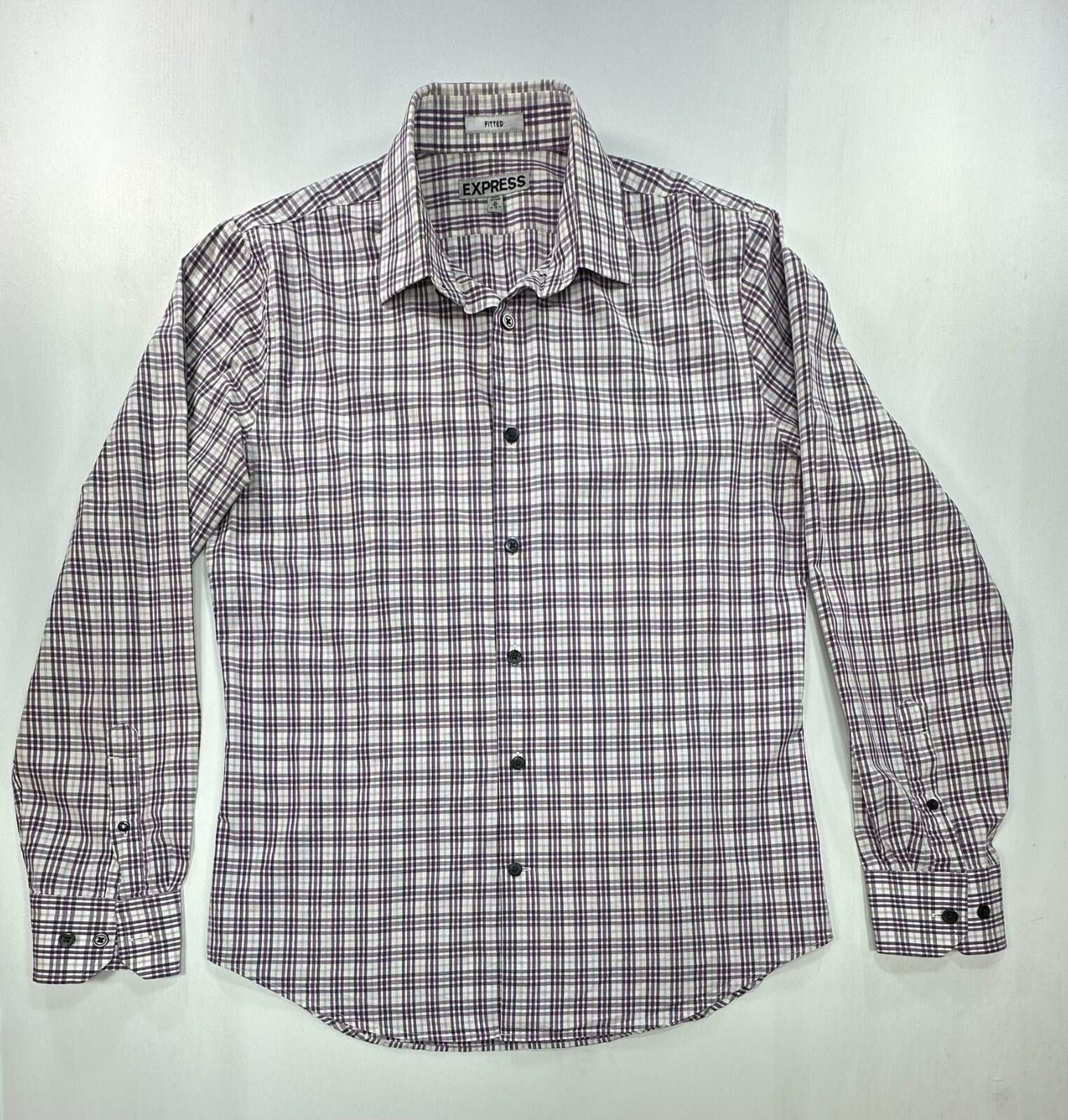 Express Express Fitted Striped/Check Button Up Purple Mens M 15-15.5 Size US M / EU 48-50 / 2 - 1 Thumbnail
