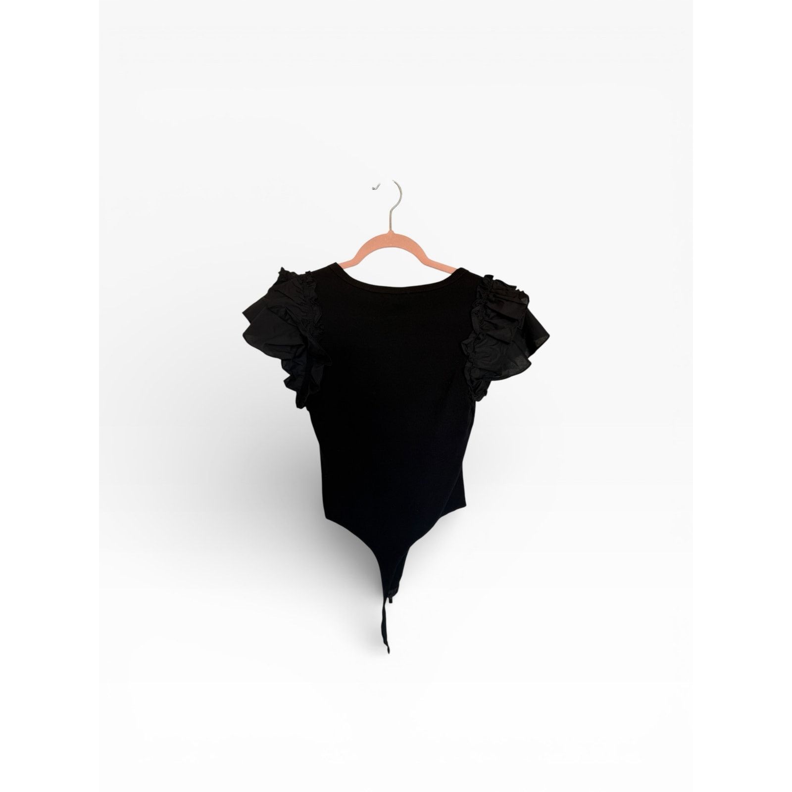 Other Day+Moon Solid Black Short Sleeve Ruffle V-Neck Bodysuit Size M / US 6-8 / IT 42-44 - 4 Thumbnail