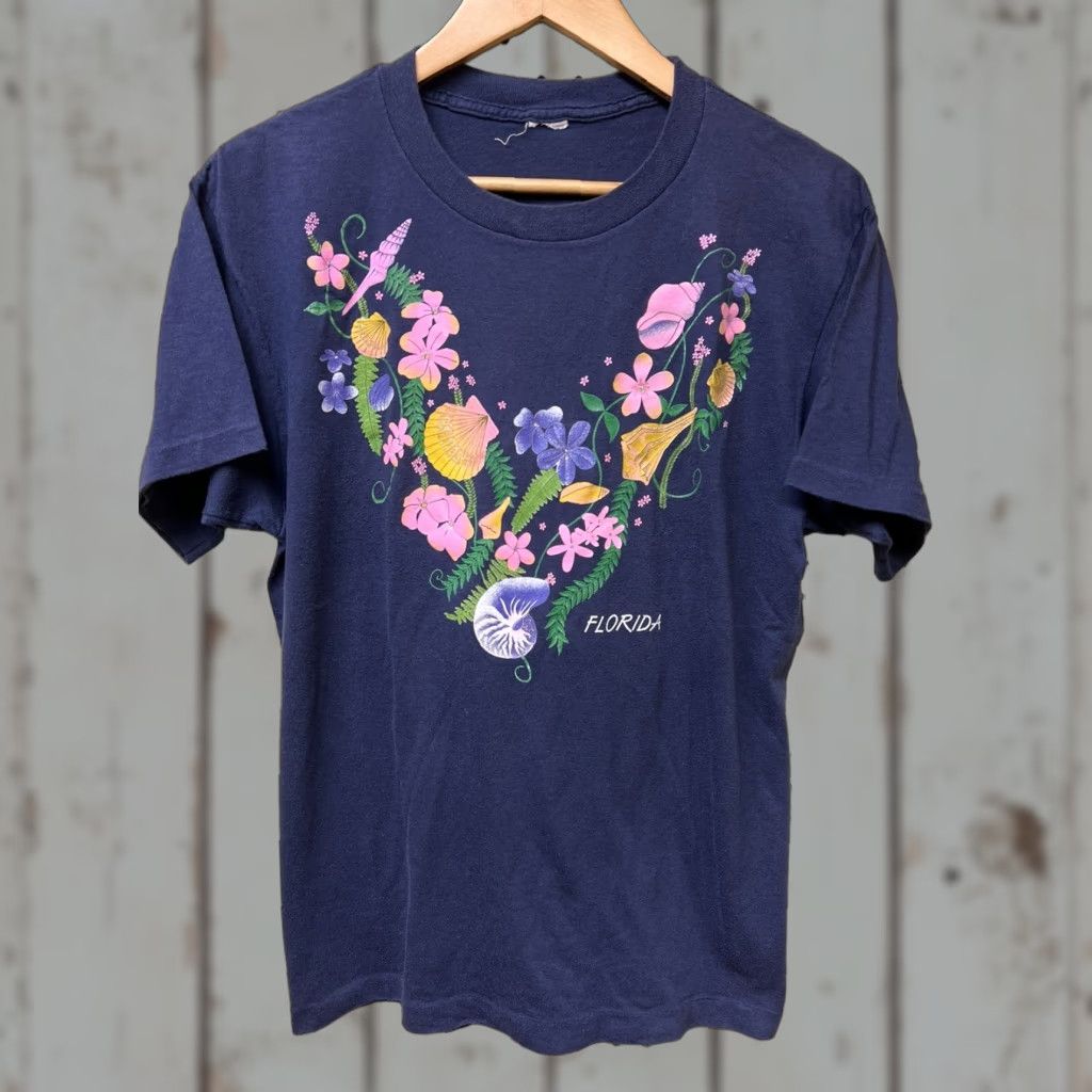 Vintage VINTAGE Florida Floral Rose Glitter T-Shirt Womens L Blue 1990s Cotton Graphic Tourist Single Stitch Tee Size L / US 10 / IT 46 - 1 Thumbnail
