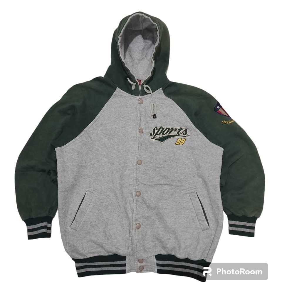 image of Vintage Sports Athletic American Style 89’ Varsity Jacket in Gray/Green, Men's (Size Medium)