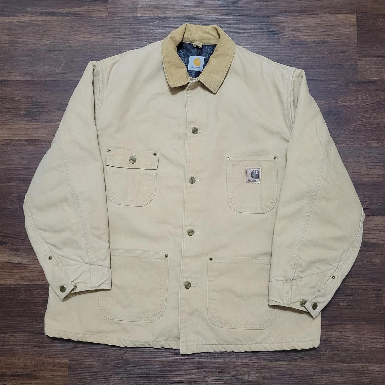 image of Vintage 90's Carhartt Light Tan Blanket Lined Chore Coat C02, Men's (Size 2XL)