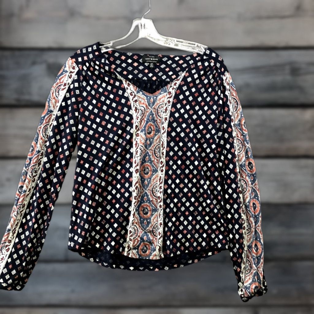 Lucky Brand Lucky Brand Blouse Shirt Women S Boho Paisley Navy V-Neck Linen Blend Long Sleeve Size S / US 4 / IT 40 - 1 Thumbnail