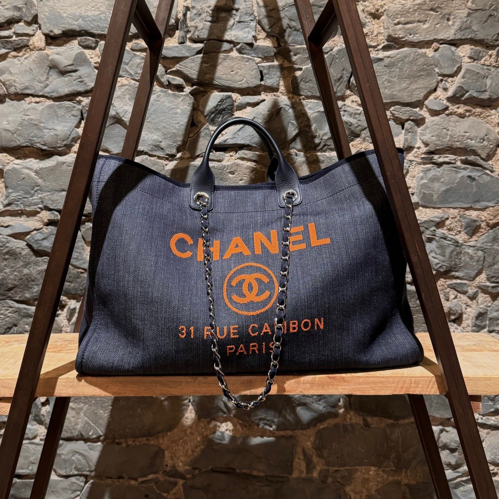 Chanel Chanel 2017 Dark Blue Denim Orange CC Large Deauville Bag Size ONE SIZE - 1 Thumbnail