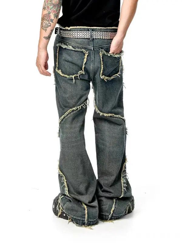 Retro mud-dyed raw edge washed distressed jeans