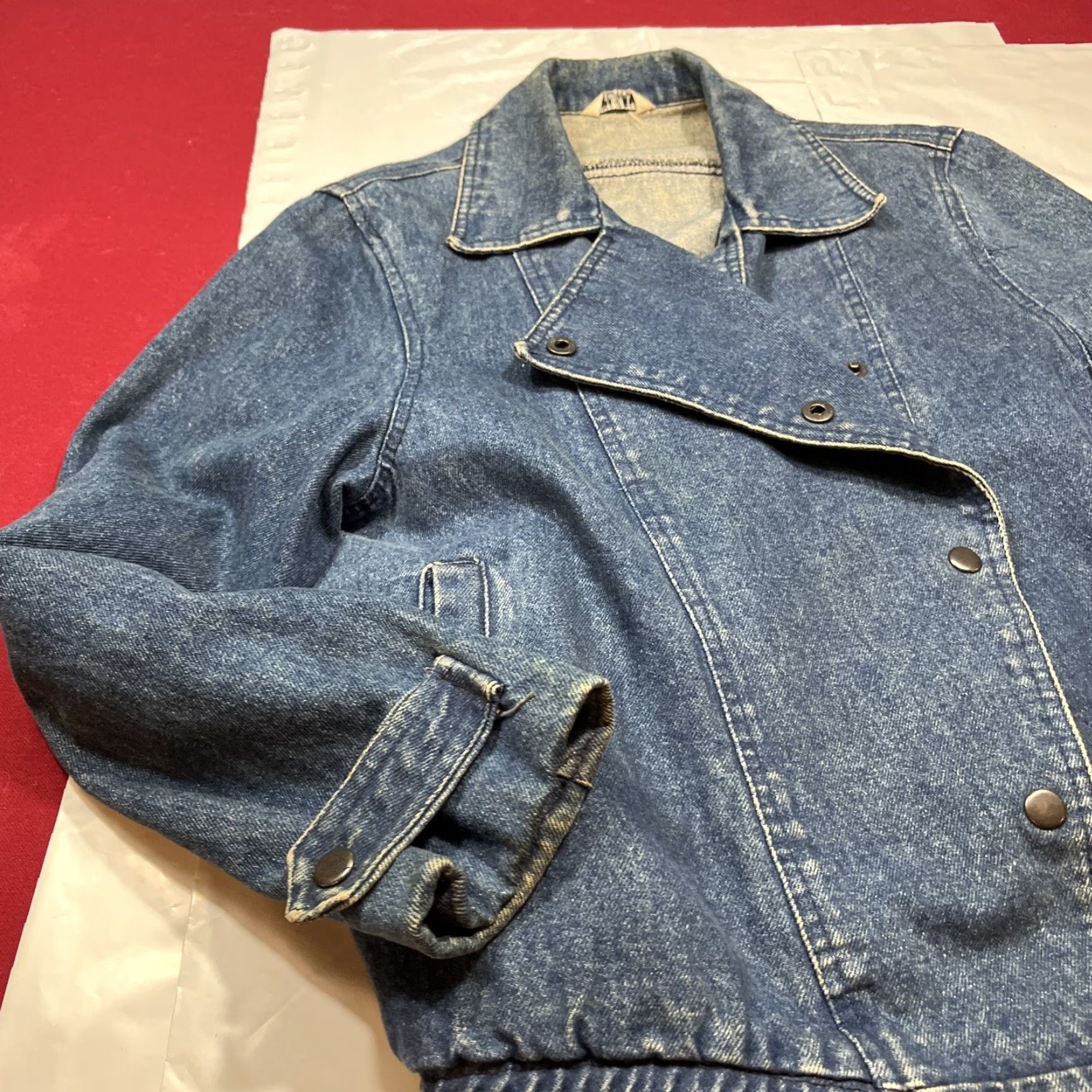 Vintage VINTAGE MOTO BIKER JEAN Jacket Women L Snap Up Fold Over notched Collar Pockets Size 36" / US 14 / IT 50 - 3 Thumbnail