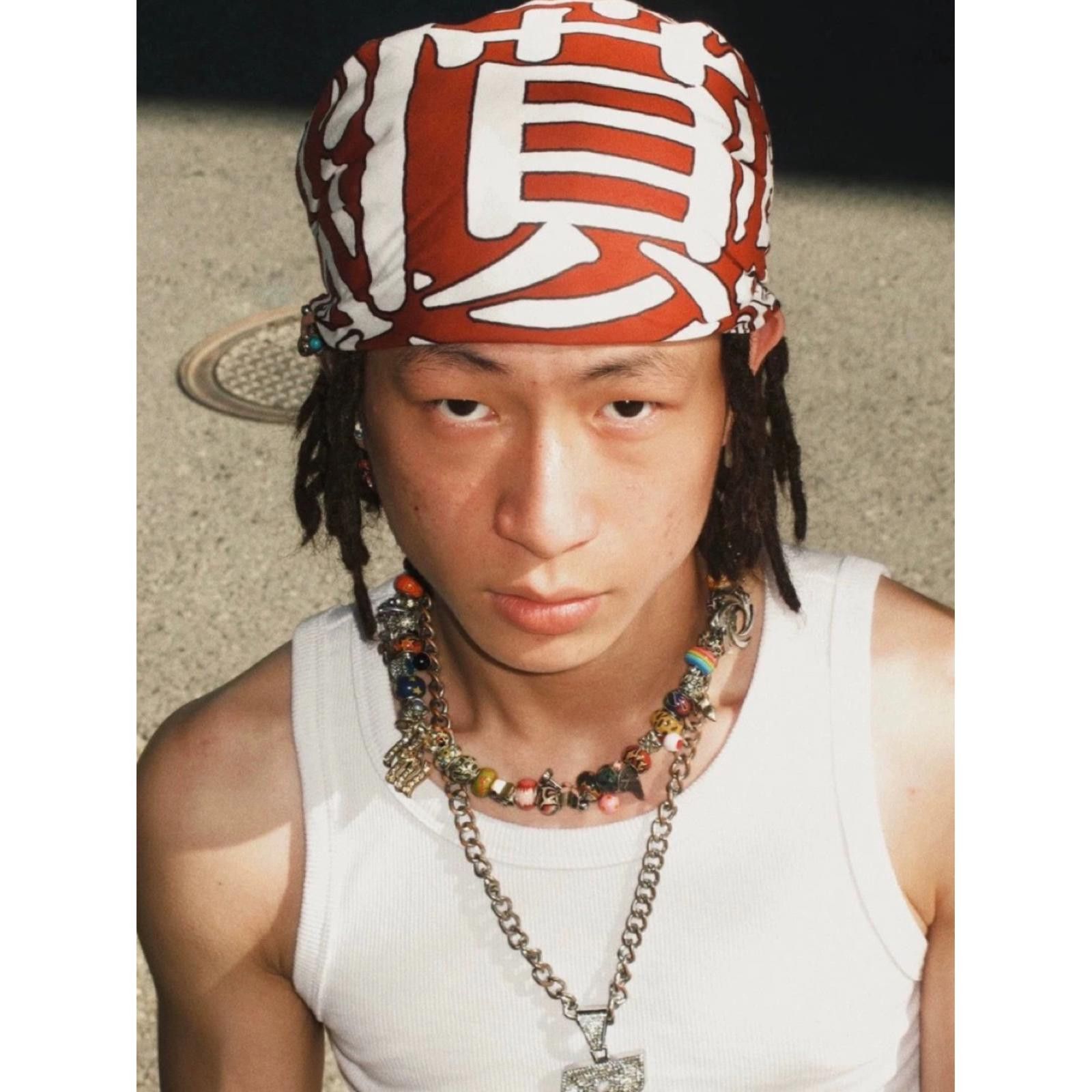 Japanese Brand Y2k Red Flame Scarf Bandana Chinese Character “Fèn” Graphic Size ONE SIZE - 1 Thumbnail