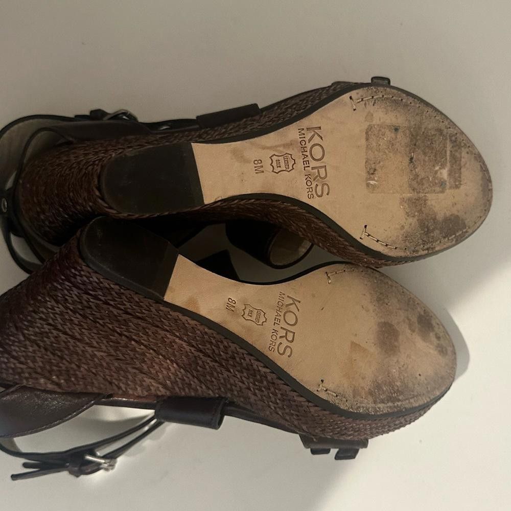 Designer KORS Michael Kors Brown Leather Jute Wedge Sandals Size 8 Size US 8 / IT 38 - 10 Thumbnail