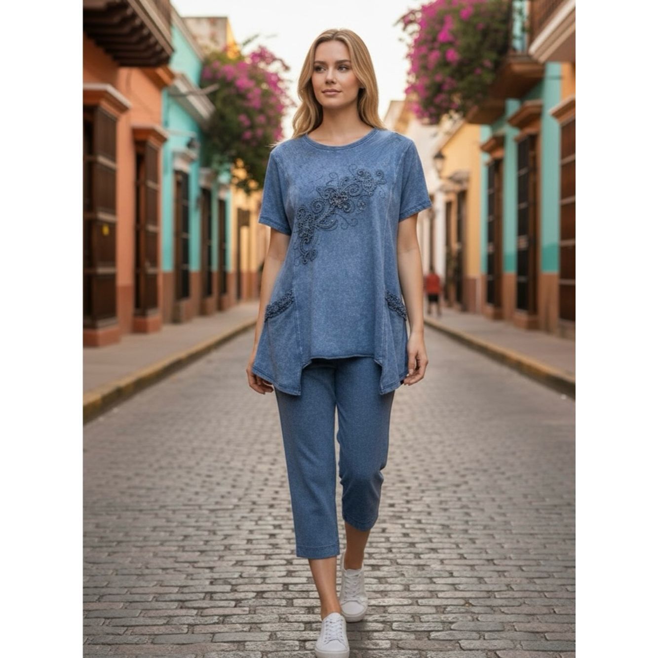 Other Romeo & Life Cotton Indigo Blue Tunic Capri Set Size L Size L / US 10 / IT 46 - 1 Thumbnail