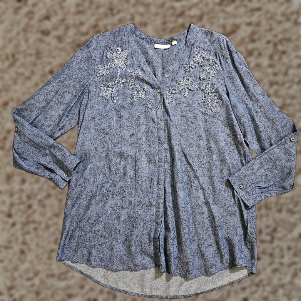 J. Jill J Jill Top Womens Medium Blue Denim Chambray Floral Embroidered Western Blouse Shirt Mens? Size M / US 6-8 / IT 42-44 - 1 Thumbnail