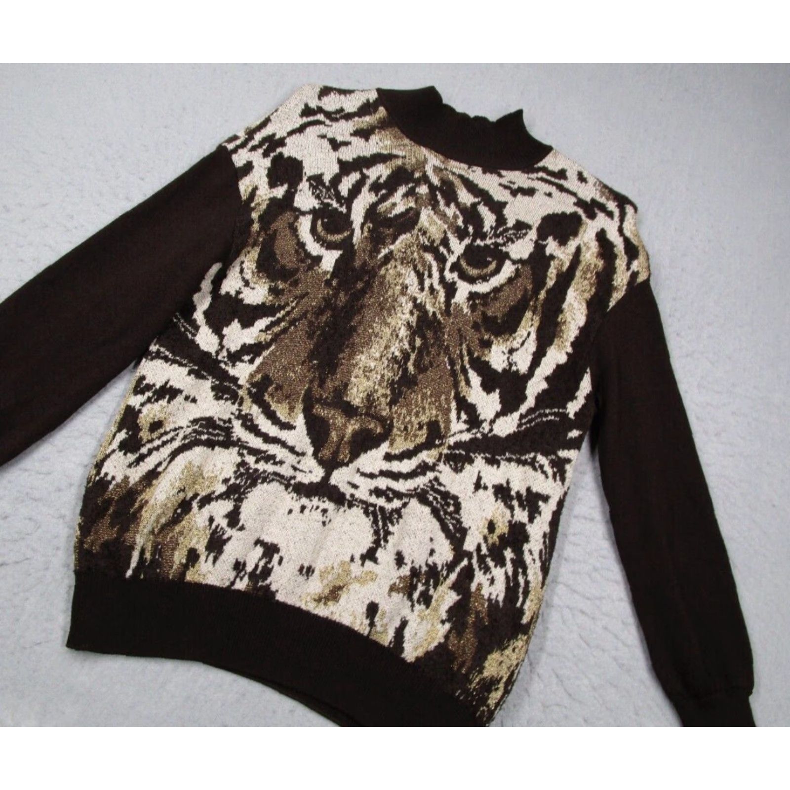 Vintage VINTAGE St John Collection Marie Gray Sweater Women Small Brown AOP Tiger 90s Size S / US 4 / IT 40 - 2 Thumbnail