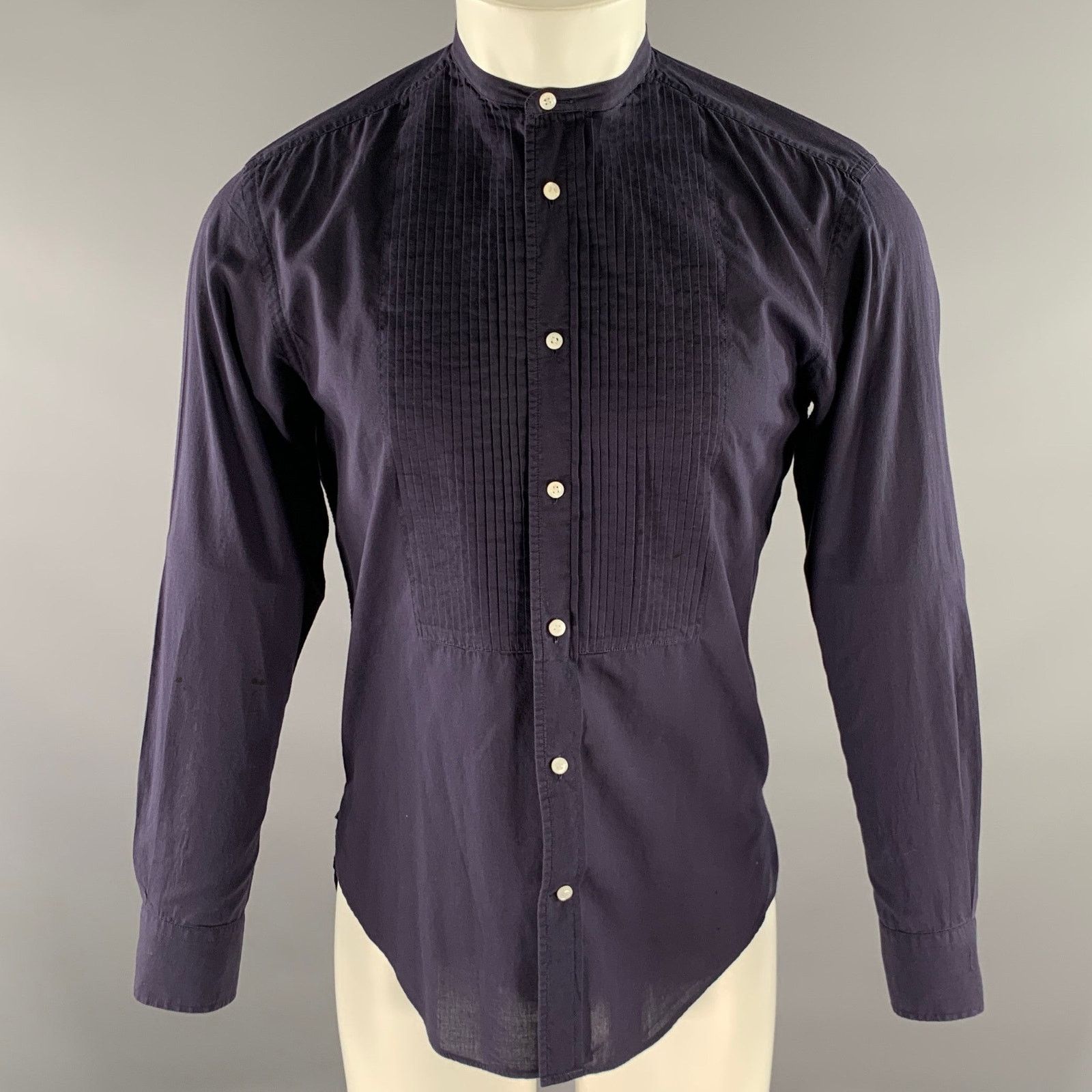 Ralph Lauren RALPH LAUREN S Navy Pleated Band Collar Long Sleeve Shirt Size 34S - 1 Thumbnail