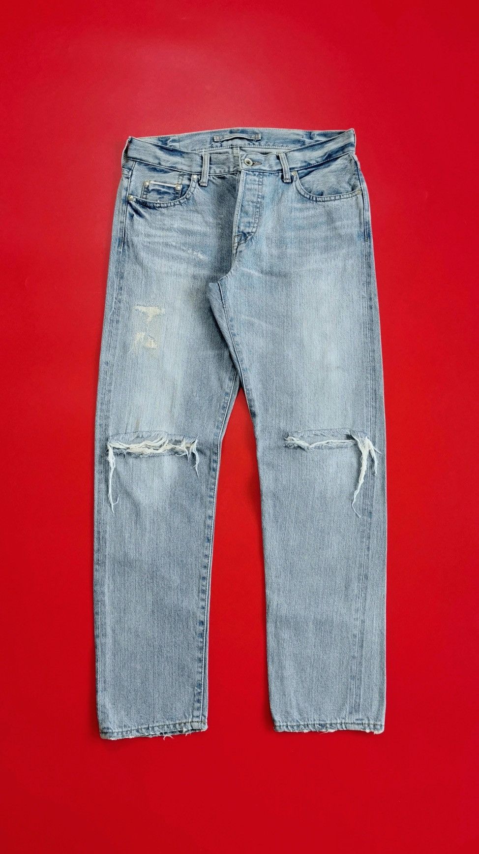 GOA GOA Selvedge Straight Leg Distressed Light Wash Jeans Size US 31 - 8 Thumbnail