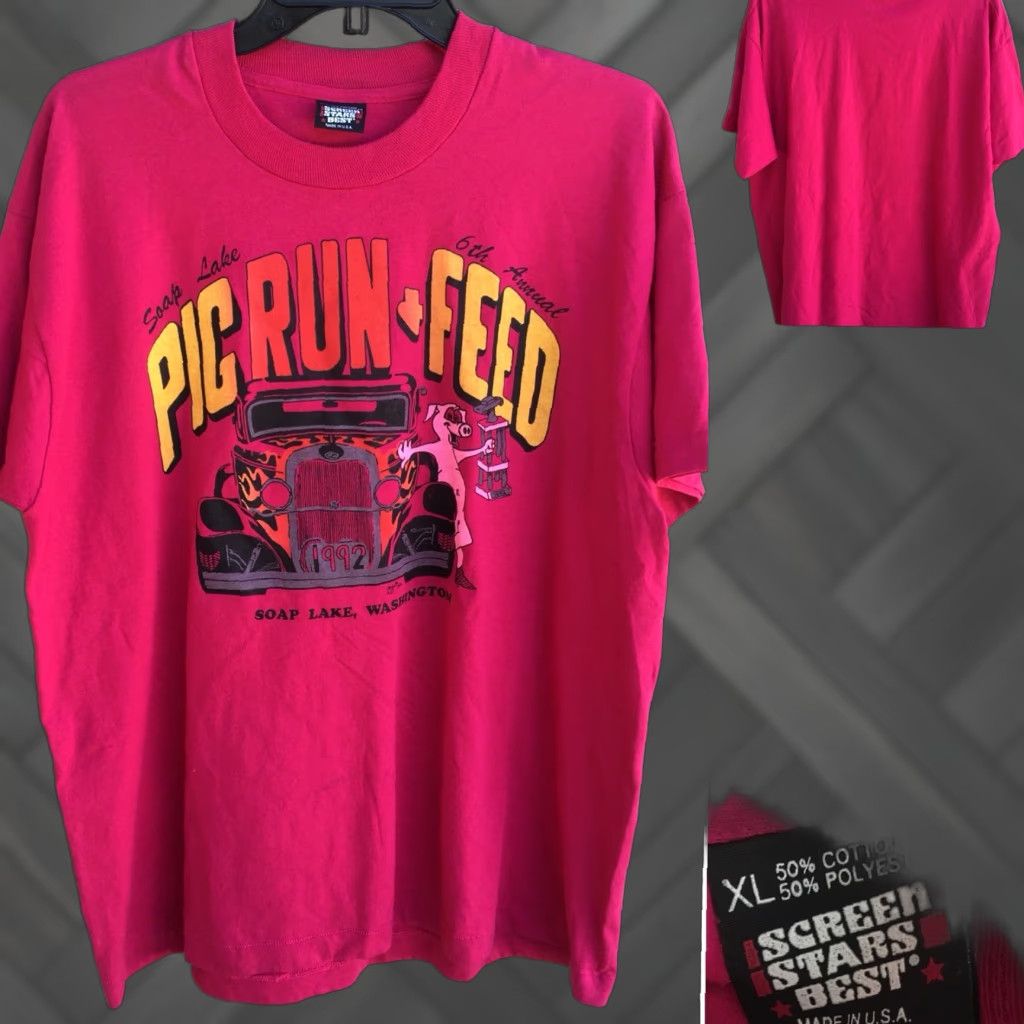 Vintage VINTAGE Screen Stars Best T Shirt XL Pink 1992 Soap Lake Pig Run & Feed Washington Unisex 1990s Graphic Tee Size US XL / EU 56 / 4 - 1 Thumbnail