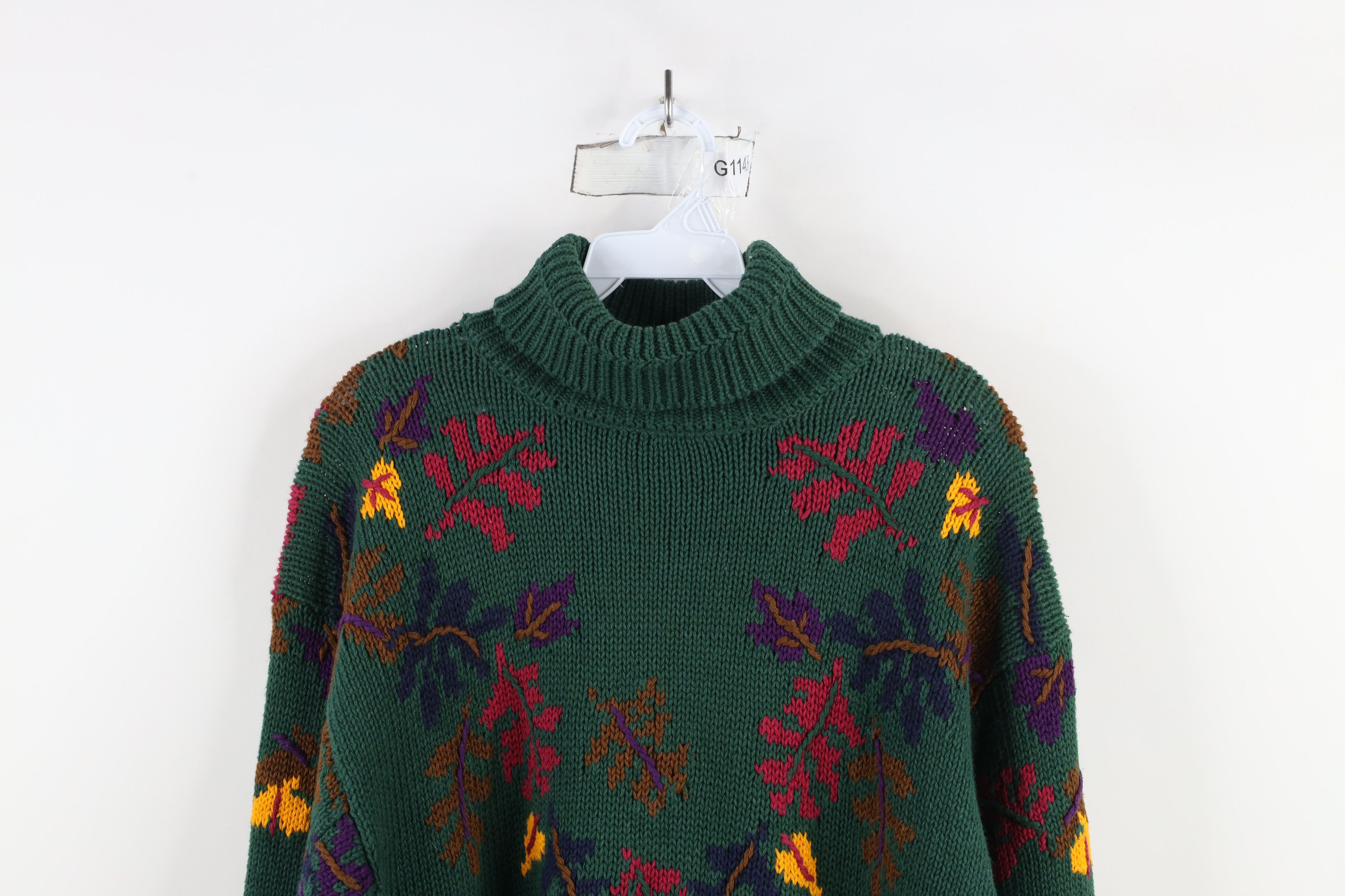 Vintage Vintage 90s Streetwear Leaf Chunky Knit Turtleneck Sweater Size XL / US 12-14 / IT 48-50 - 2 Thumbnail