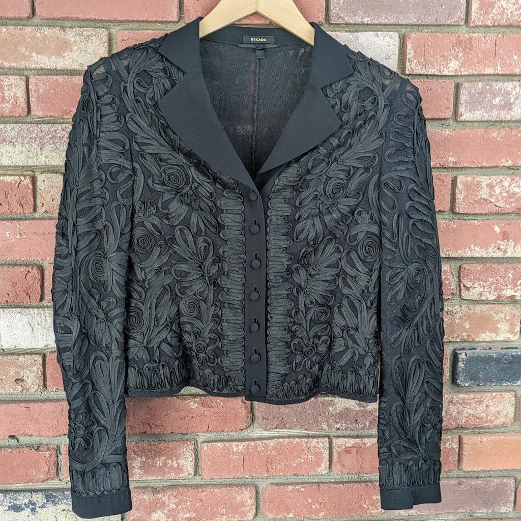 Escada Escada Silk & Cotton Intricate Black Floral Mesh Jacket Top Size XS / US 0-2 / IT 36-38 - 1 Thumbnail