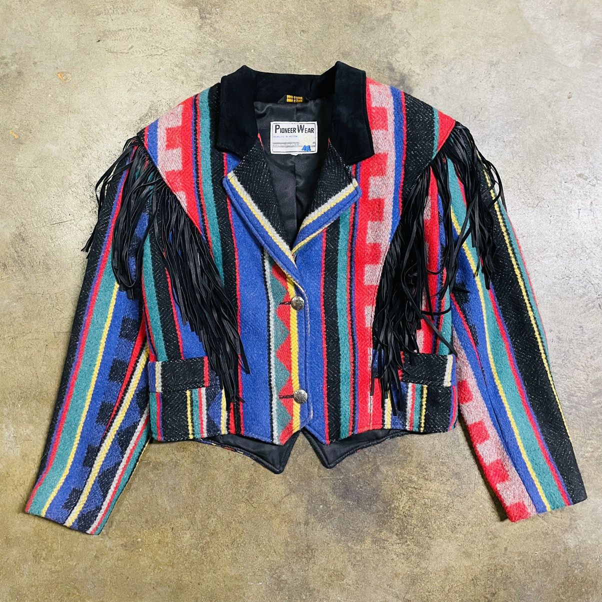 image of Made In USA x Vintage Pioneer Wear Fringe Aztec Jacket in Black, Women's (Size Small)