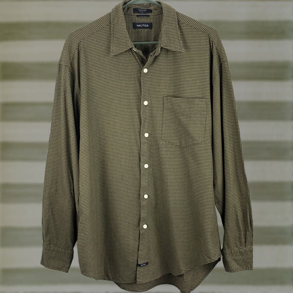 Nautica Nautica Shirt L Olive Green Houndstooth Plaid Career Preppy Academia Size US L / EU 52-54 / 3 - 1 Thumbnail